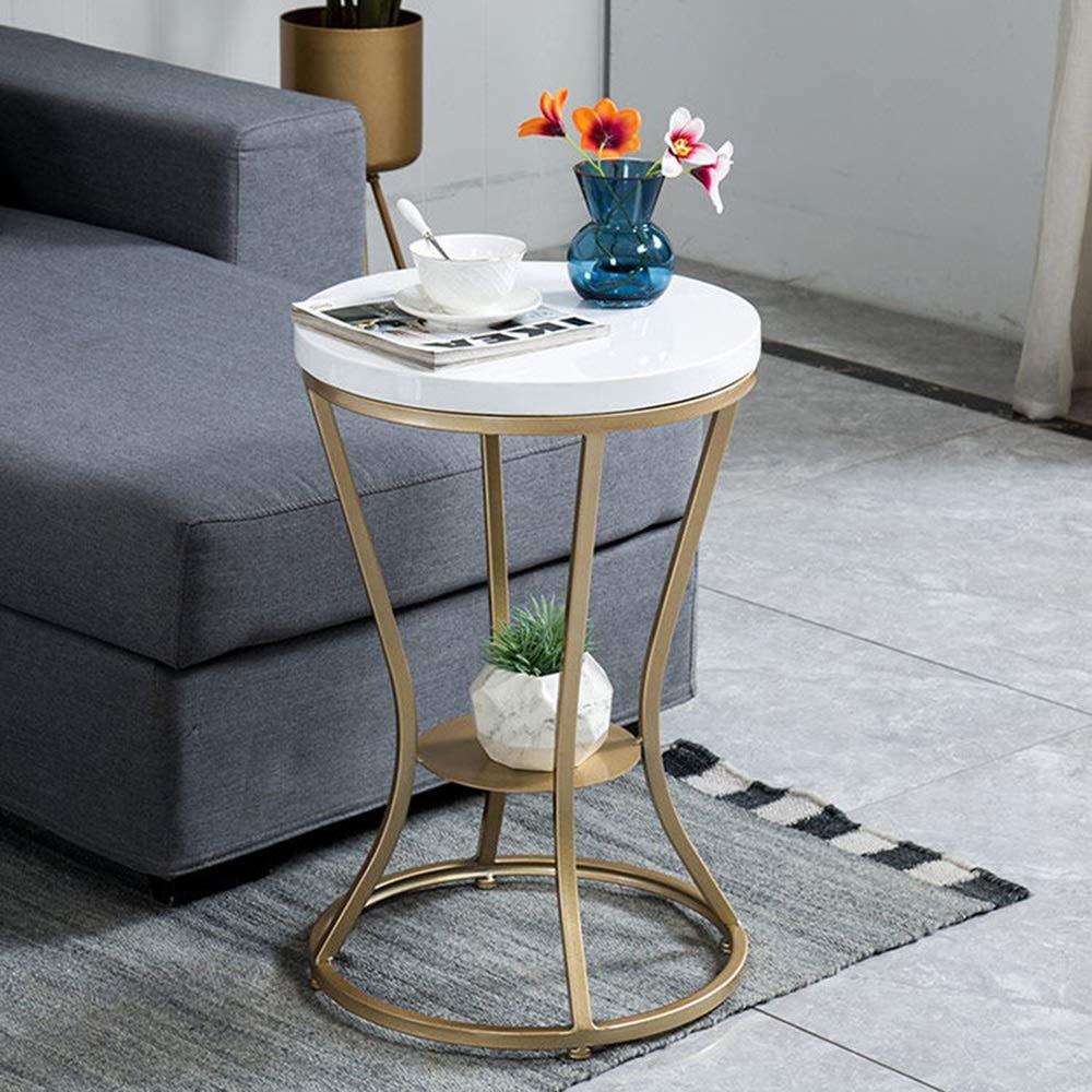 Nordic Metal Storage Sofa Table with Marble Tabletop - Sturdy & Durable Living Room End Table, Bedroom Side Table - Perfect for Small Spaces, Apartment Decor & Coffee Table Alternative (White)