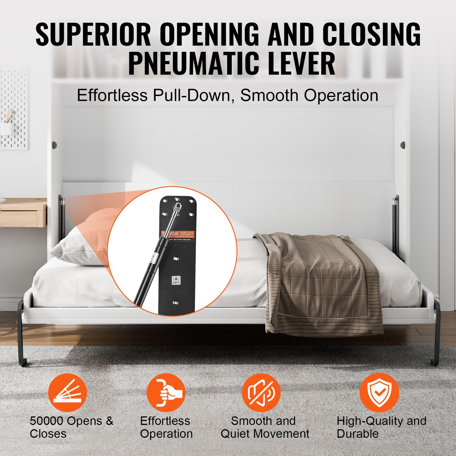 VEVOR Full Size Murphy Bed Kit - Horizontal DIY Wall Bed Hardware with Heavy Duty Pneumatic Lift Mechanism - Space Saving Folding Cabinet Design for Guest Rooms, Small Apartments & Home Offices