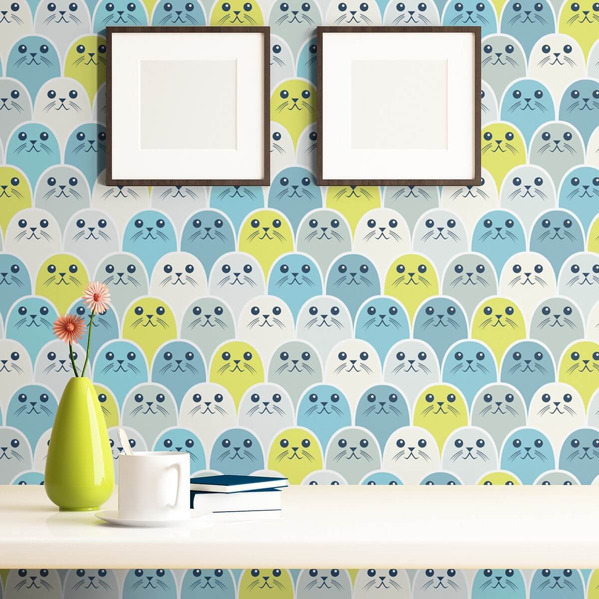 Teal Animal Print Baby Nursery Removable Wallpaper - Self-Adhesive Peel & Stick Wall Decor for Kids Room, Bedroom, Playroom