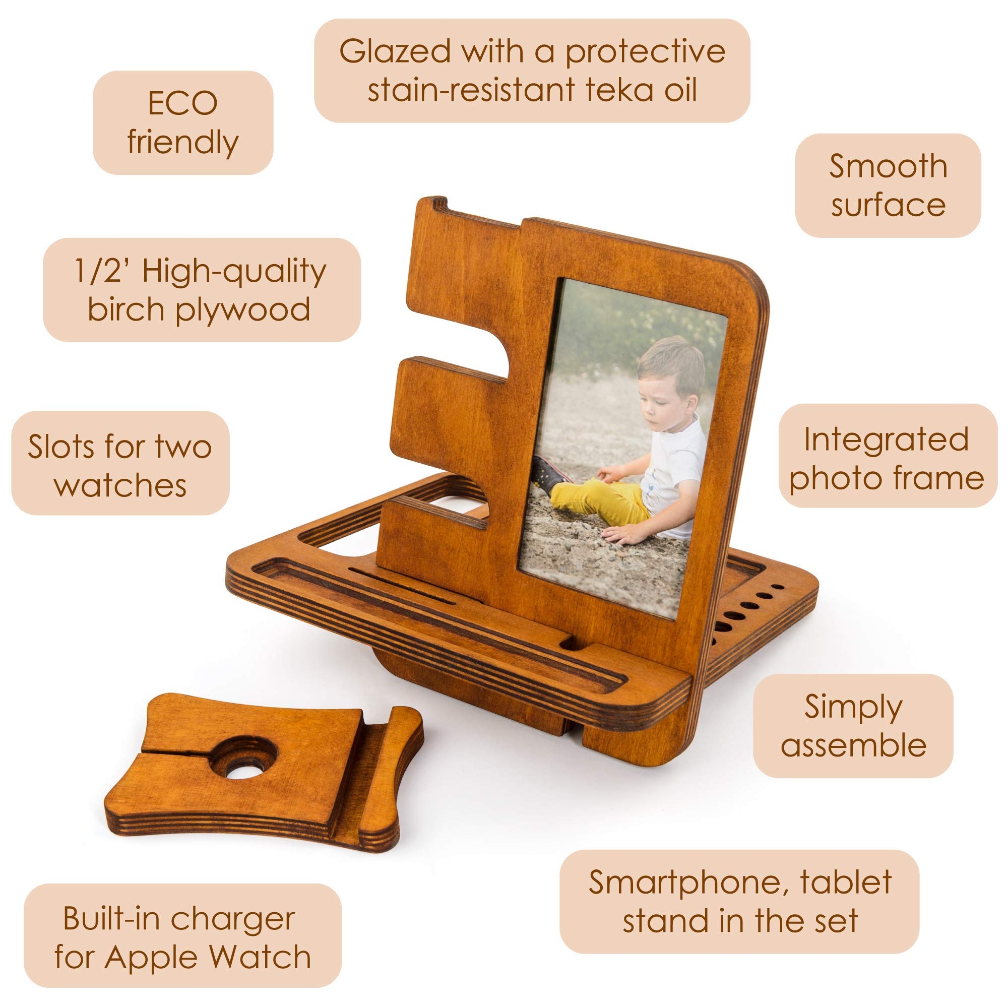 Wooden Phone Docking Station - Nightstand Organizer for Men with Phone, Tablet & Watch Holder - Wallet Stand - Perfect Anniversary Gift for Husband from Wife - Ideal for Bedside Organization & Tech Accessories Storage