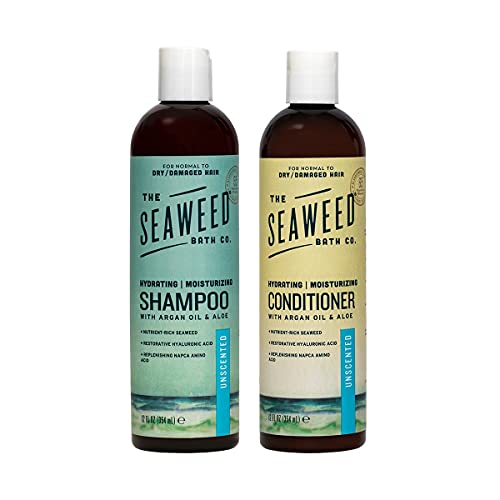The Seaweed Bath Co. Unscented Moisturizing Shampoo & Conditioner Set - 12oz Organic Bladderwrack Seaweed, Vegan, Paraben-Free Hair Care for Dry & Damaged Hair - Perfect for Sensitive Scalp & Daily Nourishment