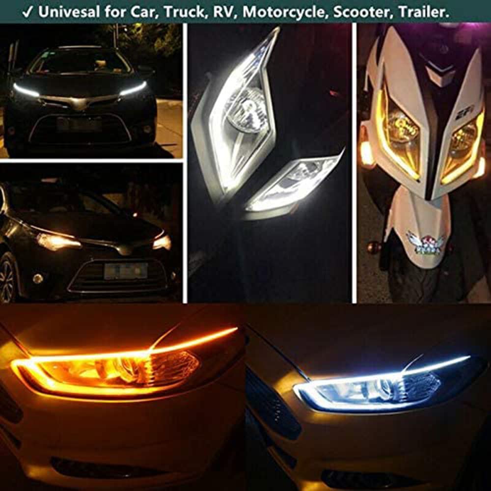 YSY 2Pcs 60cm/24 Inch LED Headlight Strip Tube Light - Flexible Dual Color White & Amber Yellow DRL, Waterproof Daytime Running Light & Turn Signal Bulb for Cars, Trucks, SUVs - Perfect for Night Driving & Enhanced Visibility