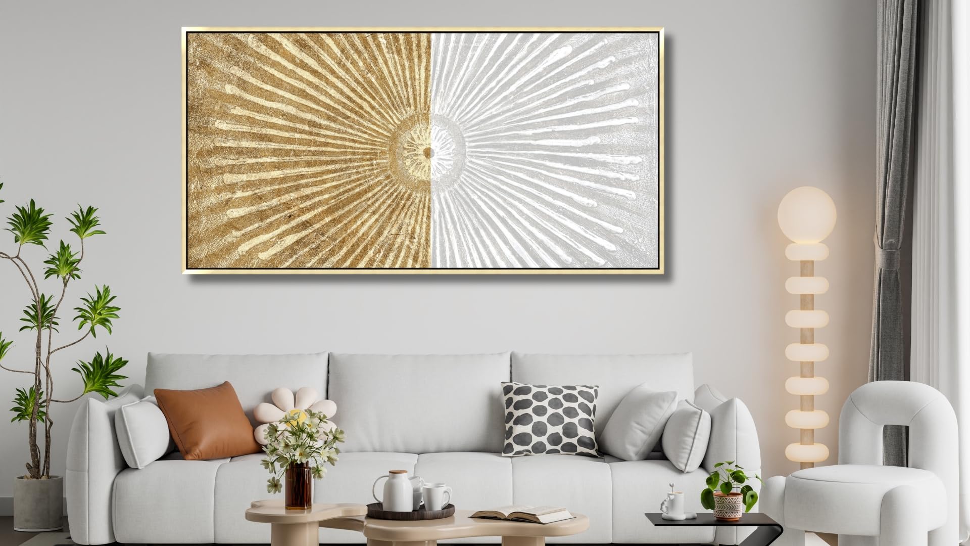 Abstract Modern White & Gold Symmetrical Line Framed Canvas Wall Art - 24