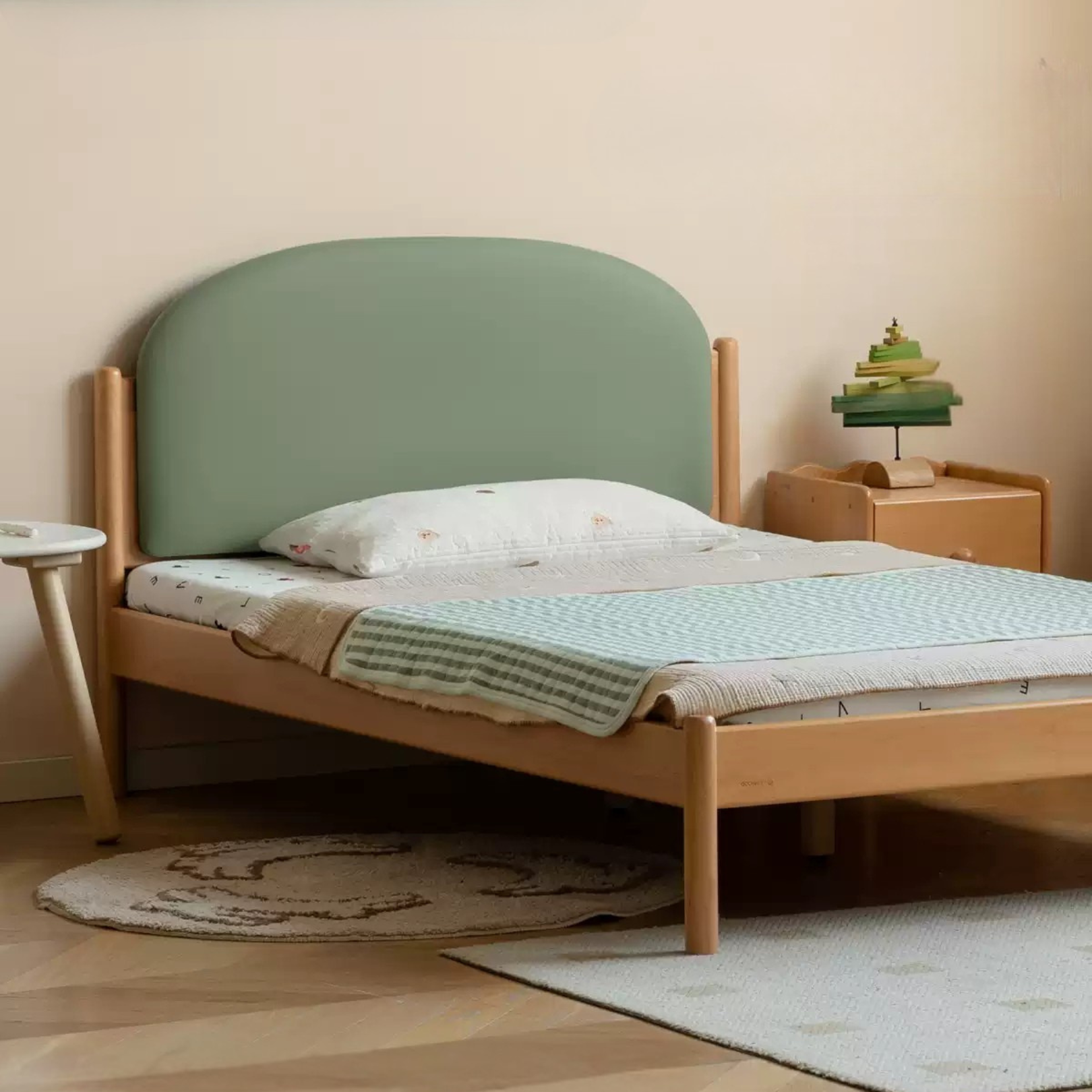 Organic Solid Wood Children's Bed - Birch & Beech Frame with Premium Leather Accents | Safe, Non-Toxic Toddler Bed for Nursery, Bedroom & Montessori Rooms