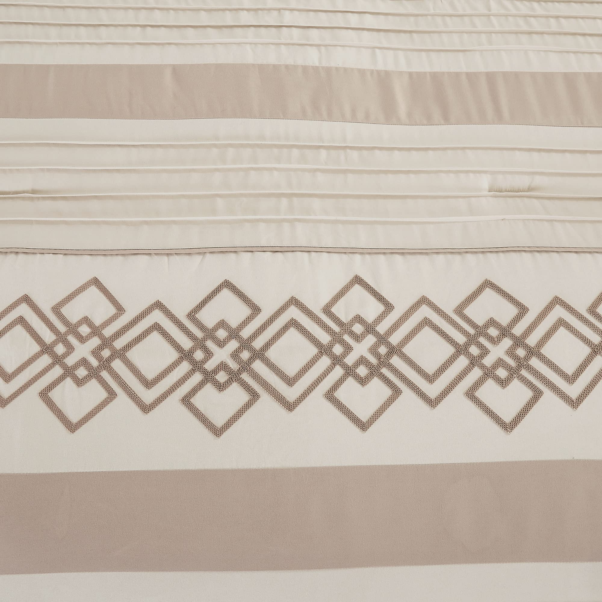 Chezmoi Collection Ariel 7-Piece Taupe Geometric Chenille Embroidery Pleated Striped Comforter Bedding Set Queen Size - Soft Luxury Bedroom Decor for Modern Homes & Guest Rooms
