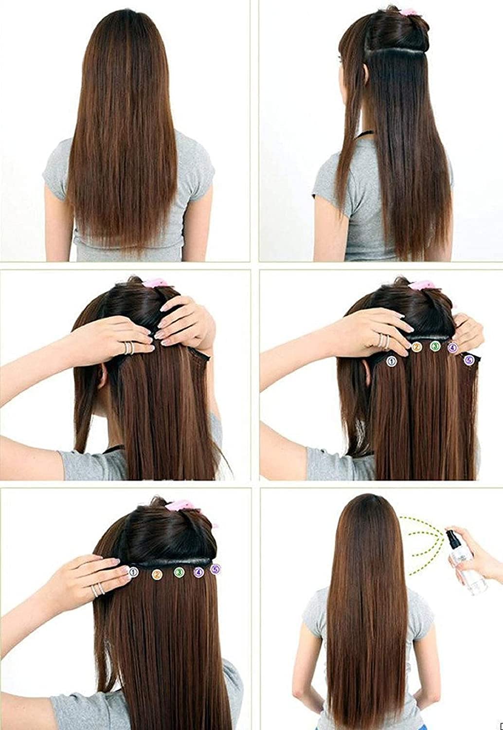 OSEN Japanese Kanekalon Fiber 5 Clip-in Straight Hair Extensions for Women - 24-inch Full Head Human Hair Weft with Brown Golden Highlights | Perfect for Daily Wear, Parties & Special Occasions