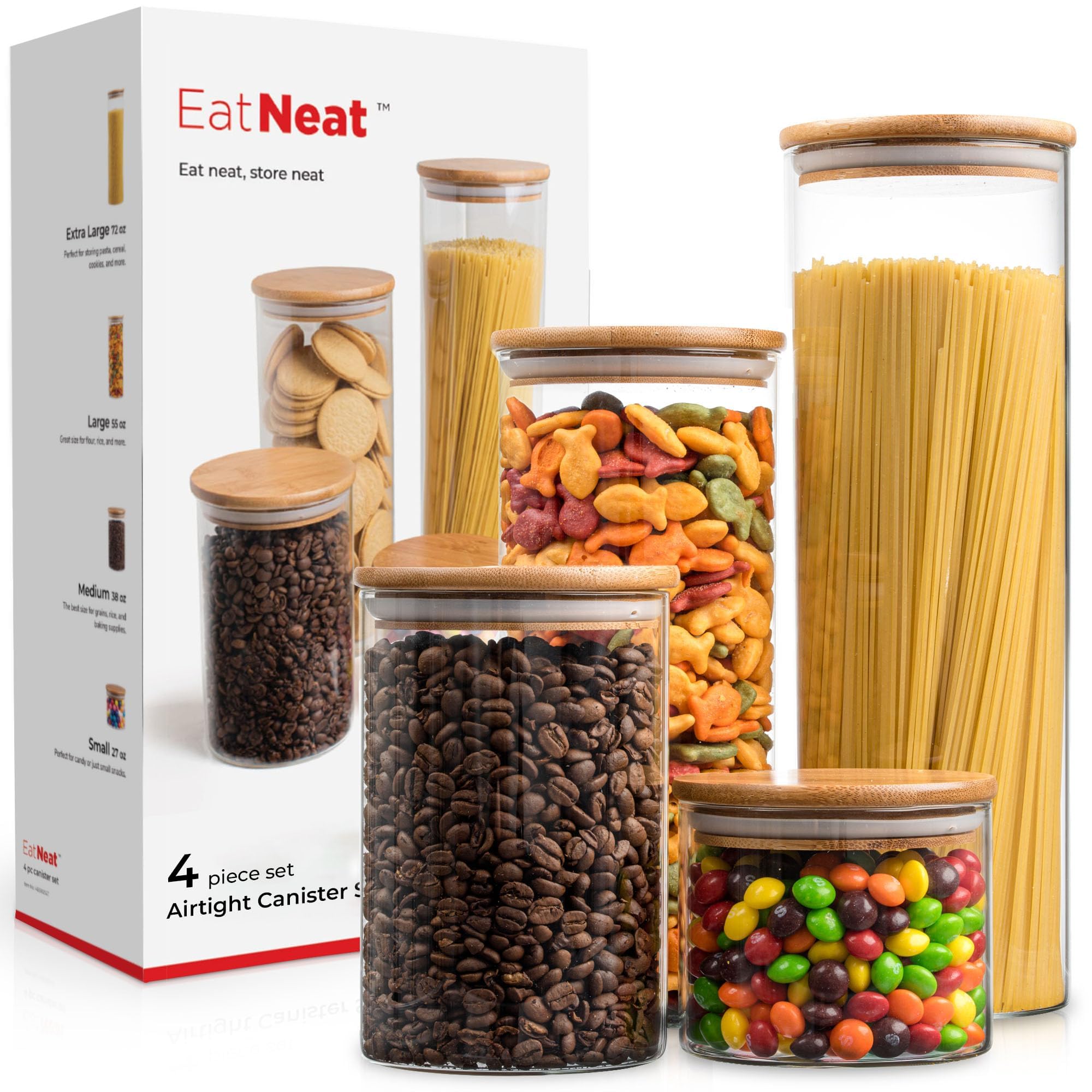 EatNeat 4-Piece Glass Canister Set with Airtight Bamboo Lids - Clear Kitchen Storage Containers for Flour, Sugar, Coffee & Dry Food - Modern Pantry Organization Jars - Natural Finish Countertop Decor for Home & Restaurant Use
