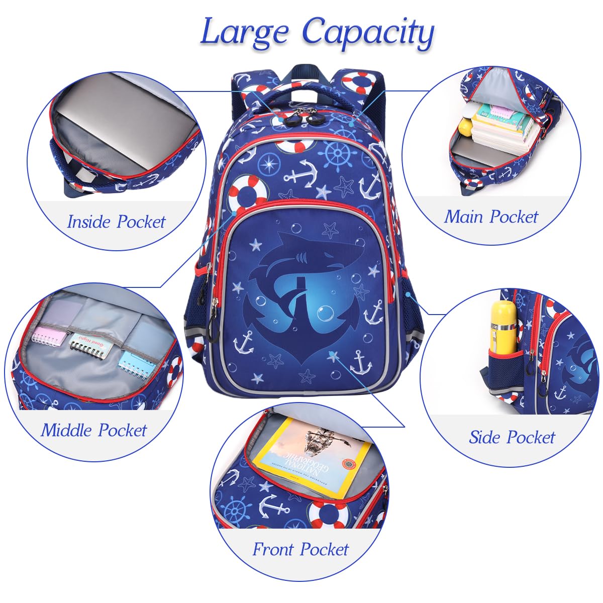 Moonmo Boys Backpack for Kids - Large Capacity Lightweight School Bag with Multiple Compartments for Preschool & Elementary Students (Blue Shark) - Perfect for School, Travel & Daily Use