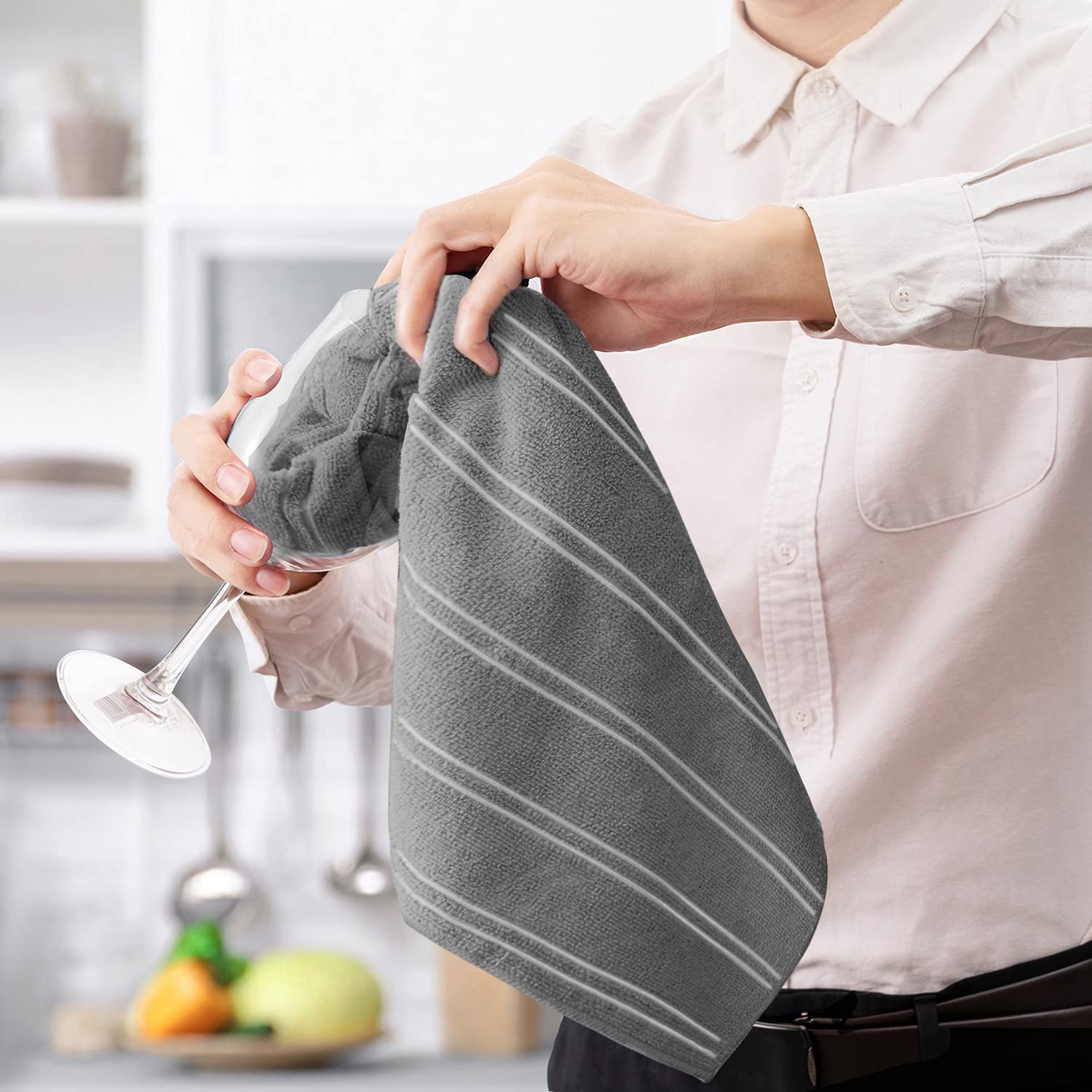 Joybest Microfiber Kitchen Towels Set - 8 Pack Super Soft & Absorbent Dish Towels (26x18 Inch) with Hanging Loop, Stripe Design Dark Grey - Perfect for Drying Dishes, Cleaning Countertops & Kitchen Decor