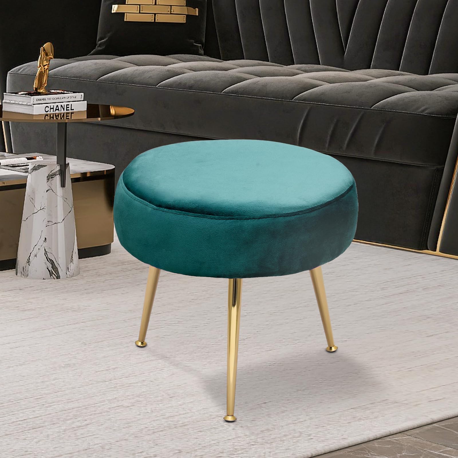 Magshion Velvet Vanity Stool - Round Ottoman Makeup Chair with Sturdy Metal Legs, Small Footstool for Dressing Room, Bedroom & Living Room | Elegant Green Velvet Upholstery | Perfect for Makeup Vanity, Lounging & Home Decor