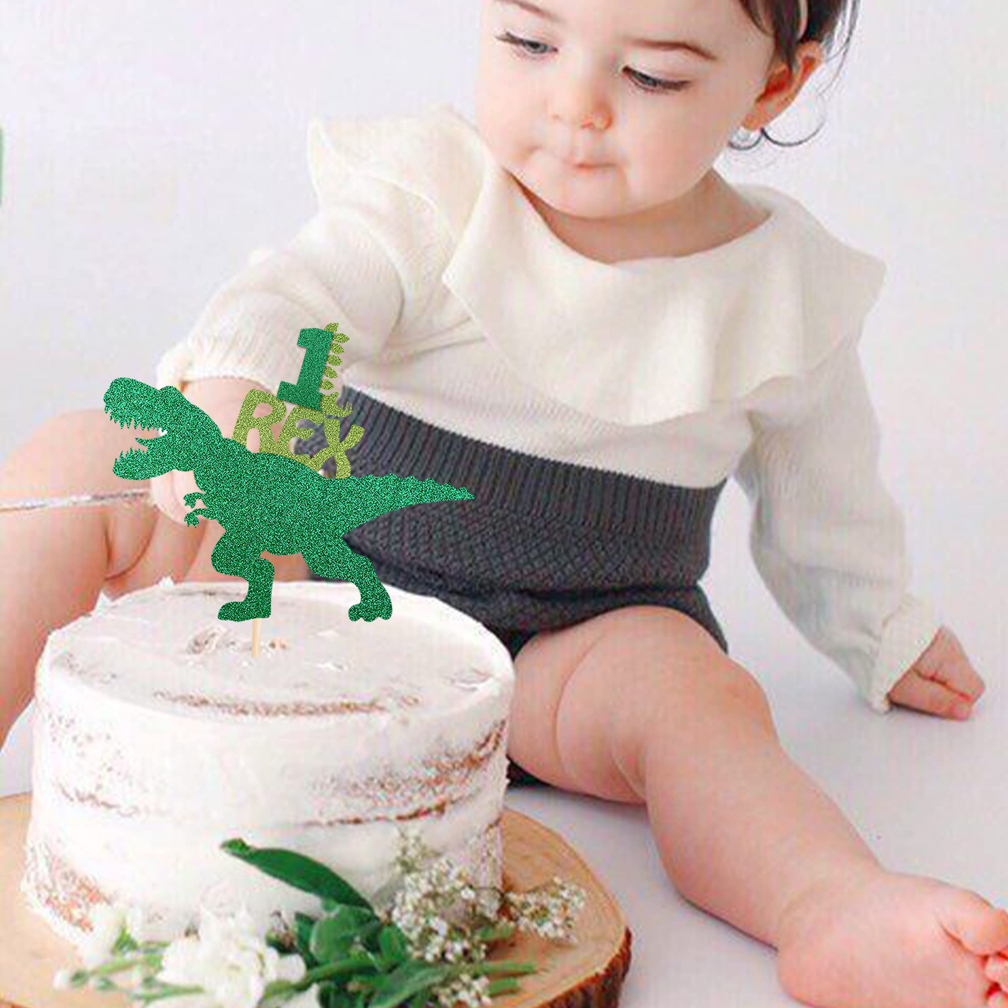 1 Pack Glitter T-Rex Dinosaur Cake Topper - Happy 1st Birthday Party Decorations, Baby Shower Supplies, Dinosaur Theme Cake Decor for Kids Birthday Celebrations & Special Occasions