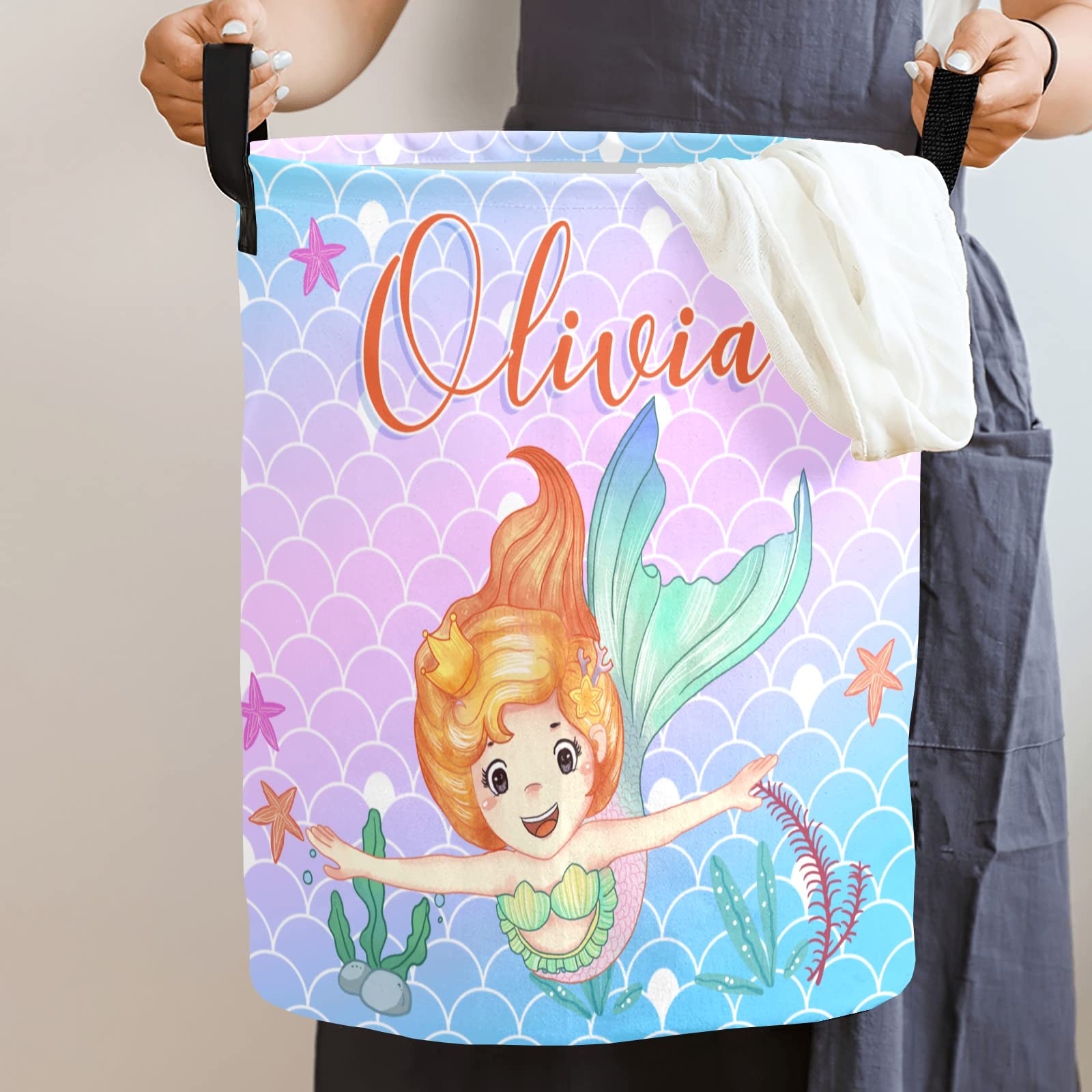 **Personalized Mermaid Laundry Basket for Girls - Custom Name Kids Laundry Hamper, Baby Clothes Organizer (Style 02) - Perfect for Bedroom, Nursery, and Playroom Storage**
