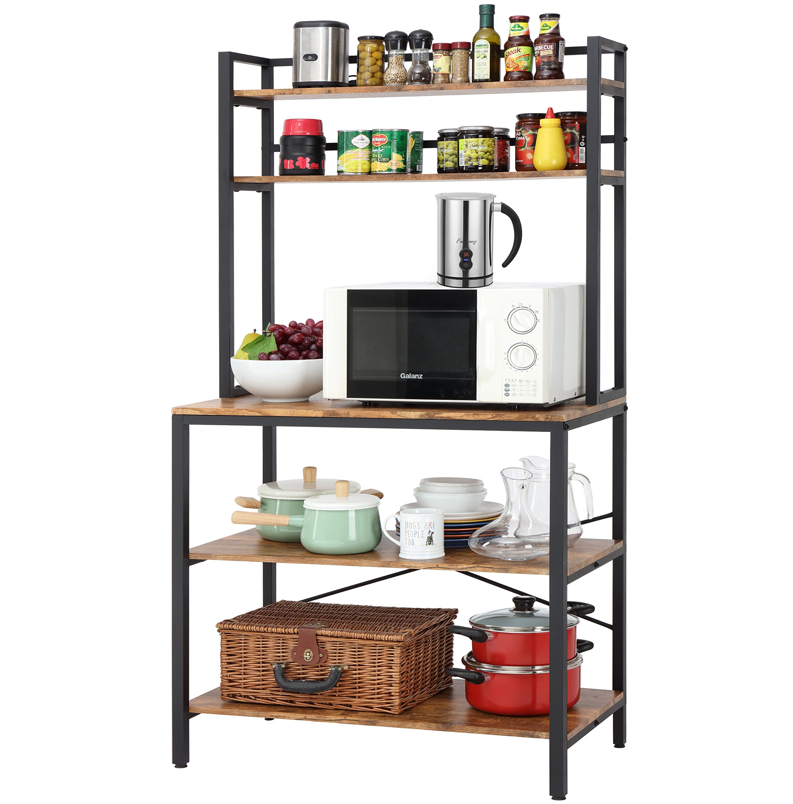 Finnhomy 5-Tier Wooden Kitchen Bakers Rack with Storage Shelves & Hutch - Freestanding Microwave Stand for Pantry, Living Room - Rustic Brown (15.75