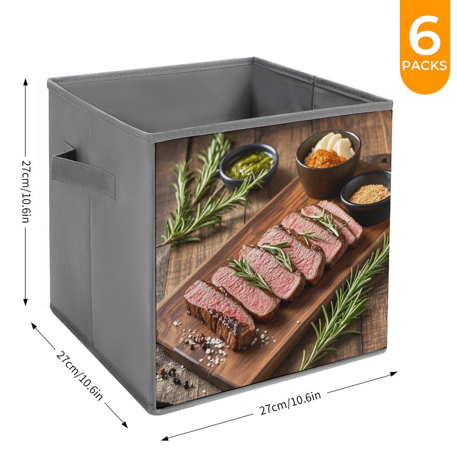 6-Pack Foldable Storage Bins with Handles - Large Capacity Rosemary & Steak Print Fabric Storage Boxes for Home, Office, Playroom Organization | Perfect for Toys, Books, Clothes & Household Items Storage