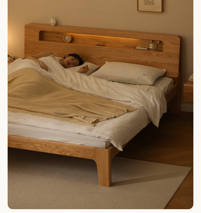 Solid Oak and Beech Wood Bed with Built-in LED Lights and Bookshelf - Modern Bedroom Furniture for Small Spaces, Lofts, and Studio Apartments