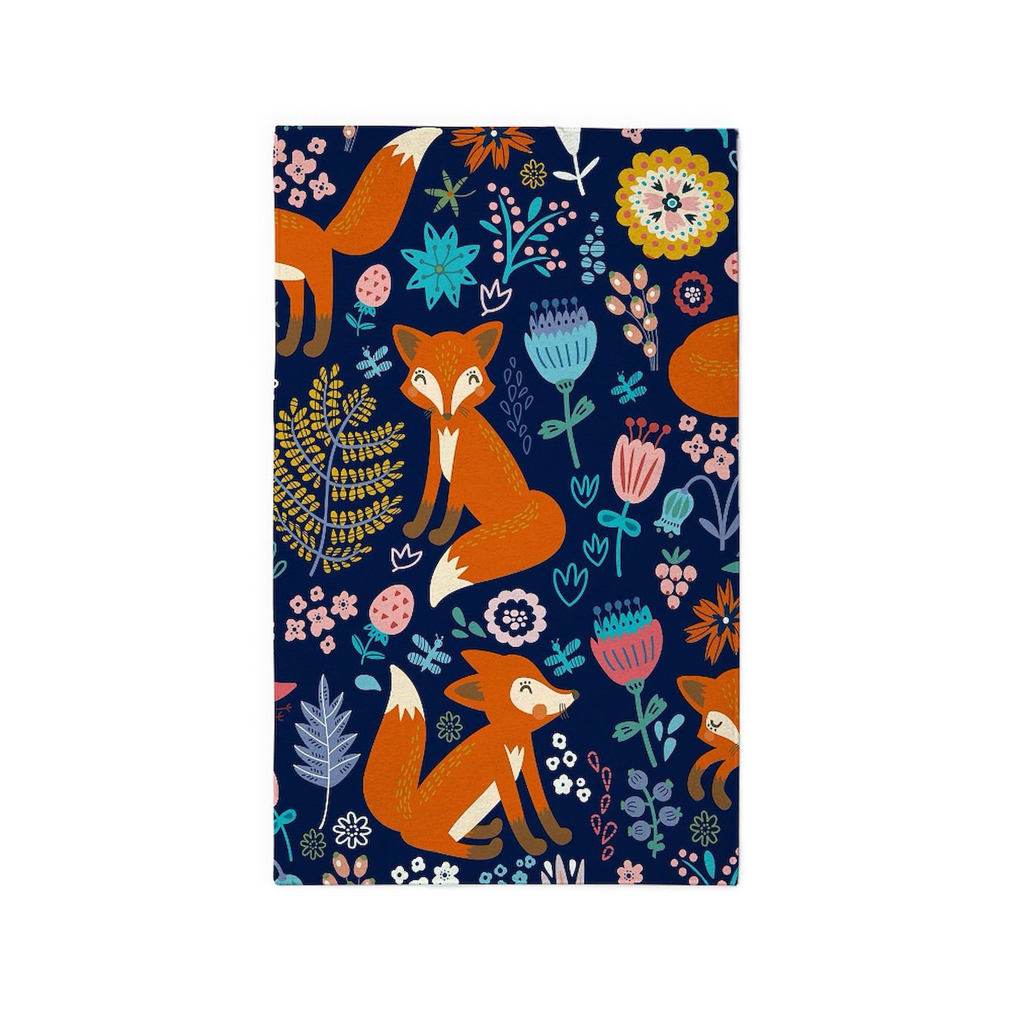 Stylish Cute Red Foxes & Colorful Retro Flowers Area Rug - Soft Fabric Throw Rug for Living Room, Bedroom Decor - Non-Slip Floor Mat for Home, Office & Dorm