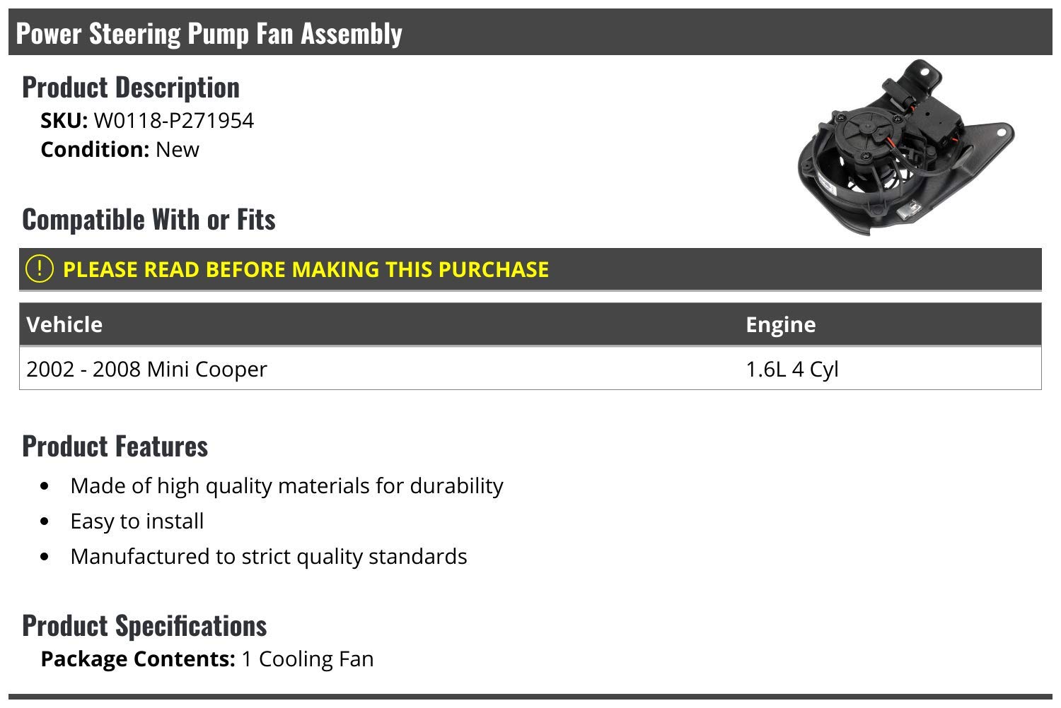 High-Quality Power Steering Pump Fan Assembly for 2002-2008 Mini Cooper 1.6L 4-Cylinder | Perfect Fit & Durable Performance | Ideal for Smooth Steering & Cooling in City Driving & Road Trips