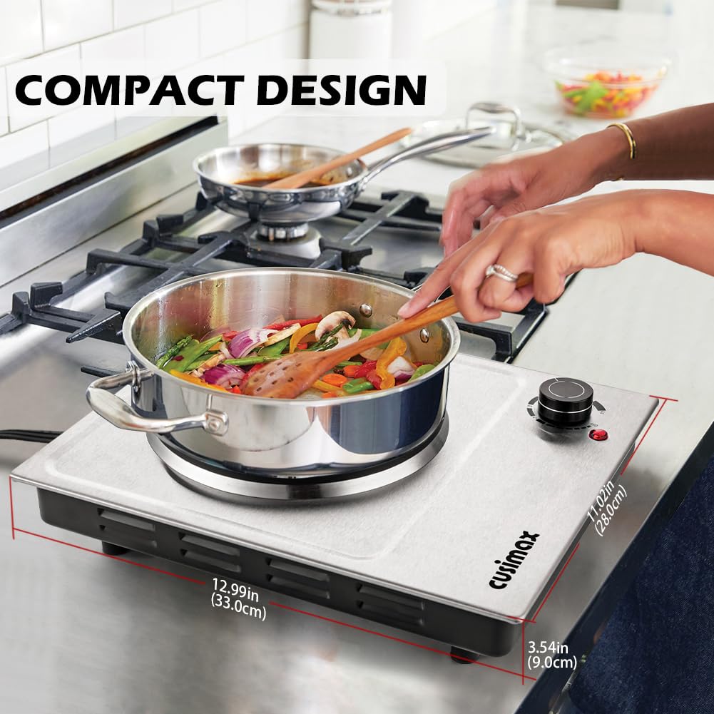 CUSIMAX 1500W Electric Hot Plate - Single Burner Portable Countertop Cooktop with Stainless Steel Surface, Easy to Clean - Perfect for Dorm Rooms, Small Kitchens, Camping & Office Use