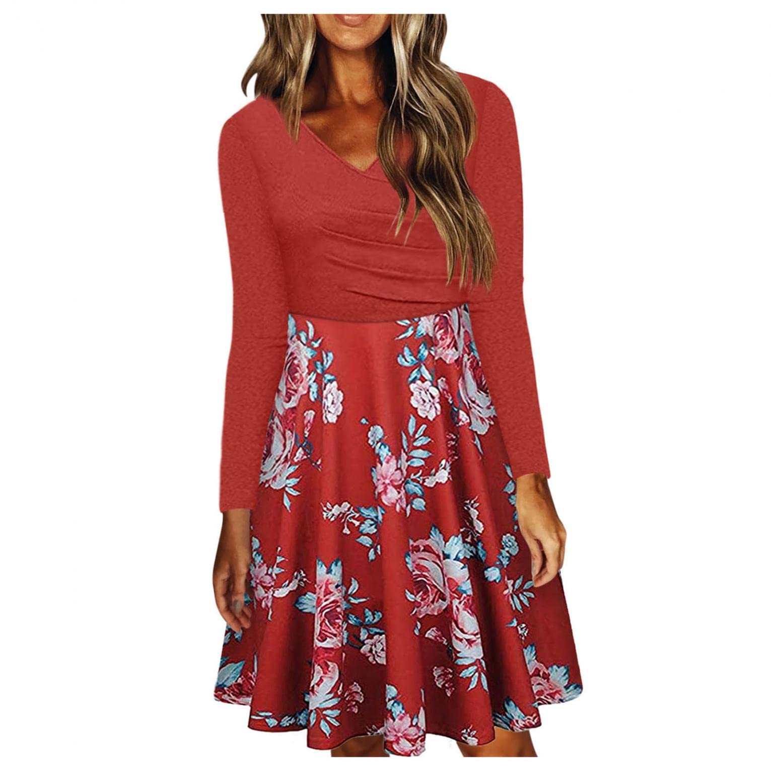 Masbird Women's Elegant V-Neck Long Sleeve Cocktail Dress - Fall Wedding Guest Party Swing Dress 2021 | Perfect for Evening Events, Holiday Parties & Formal Occasions