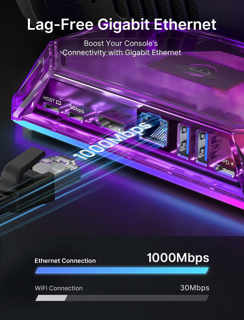 JSAUX 8-Port USB Hub with RGB Lighting - Portable USB 3.0 Docking Station for Laptop, PC, MacBook (Clear Purple) | Perfect for Gaming Setup, Home Office & Multi-Device Charging