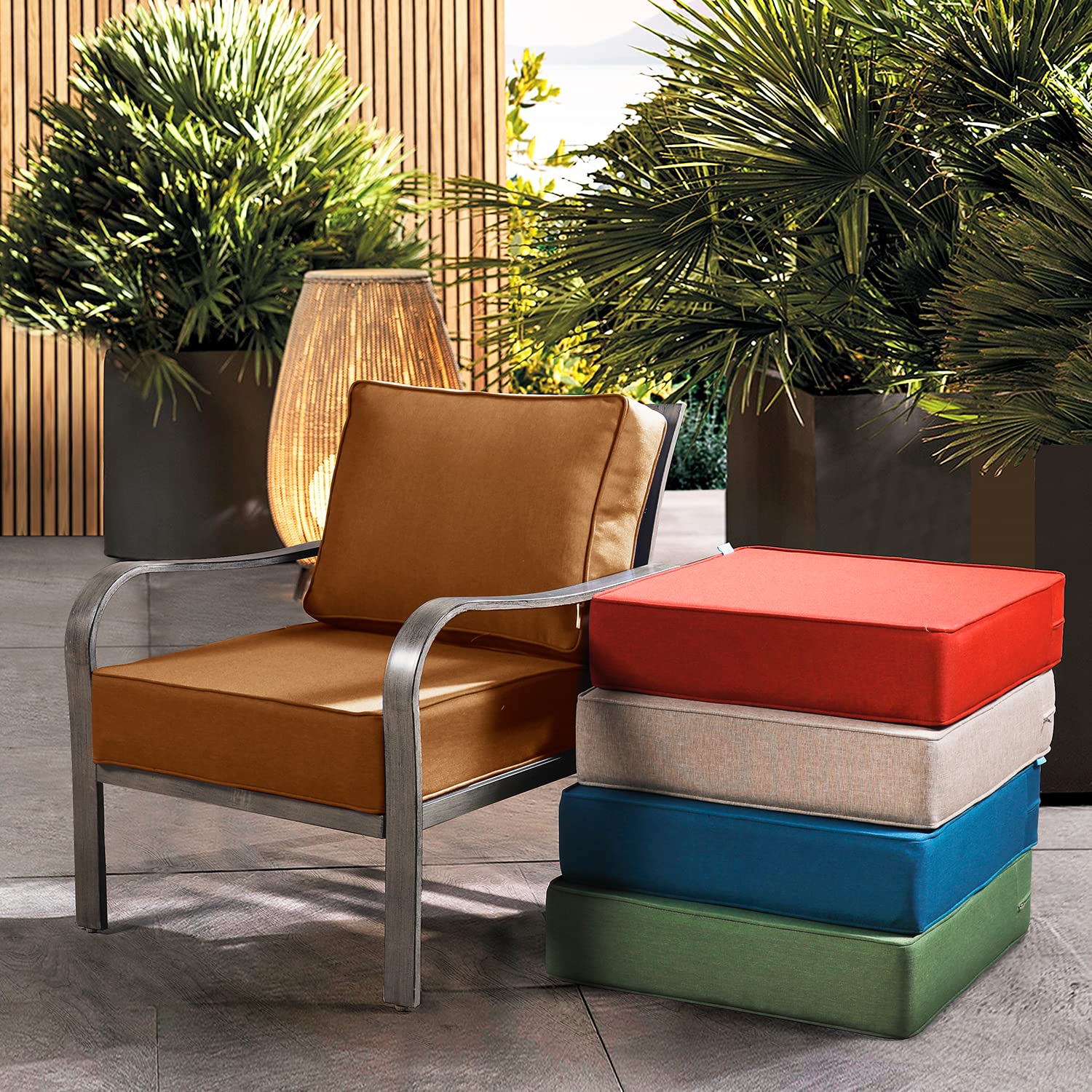 ARTPLAN Olefin 24x24 Deep Seat Patio Cushions - Extra 6 Inch Thick Outdoor Furniture Cushions with 18x24 Back Pillow | Removable & Replaceable | Solid & Floral Patterns | Indoor/Outdoor Use in Signal Orange | Perfect for Patio, Deck, Poolside & Sunroom Furniture