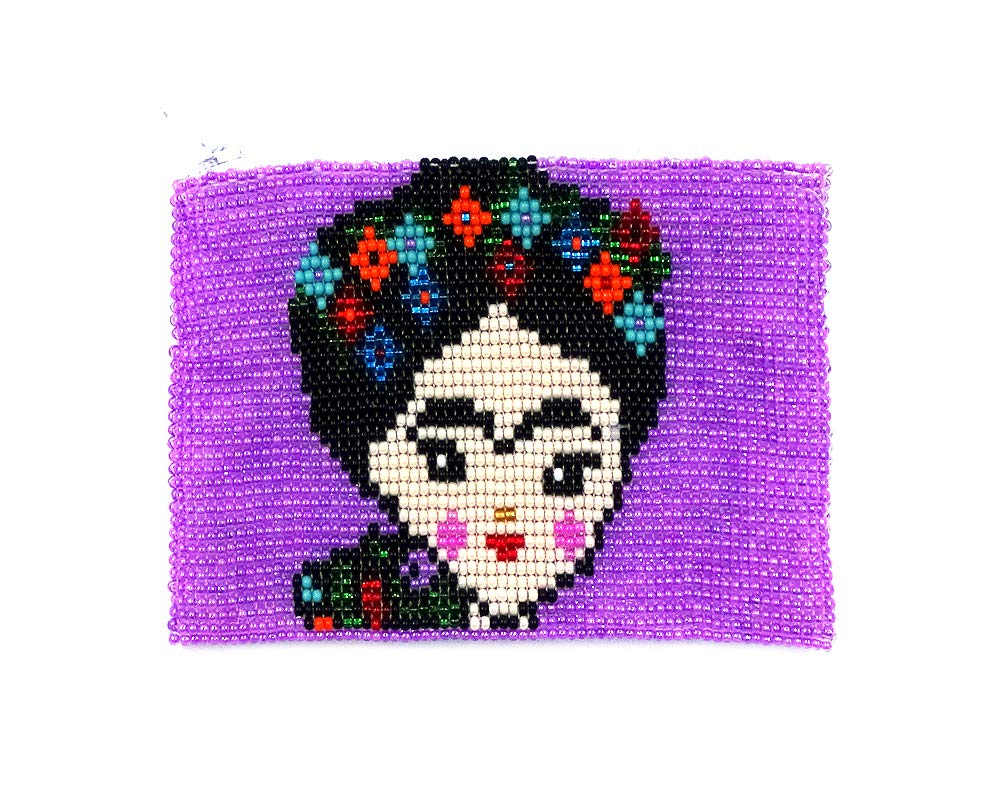Frida Kahlo Inspired Bohemian Coin Purse - Handmade Mexican Art Czech Glass Seed Beaded Zipper Pouch for Women | Boho Travel Accessories & Festival Essentials (Pink)