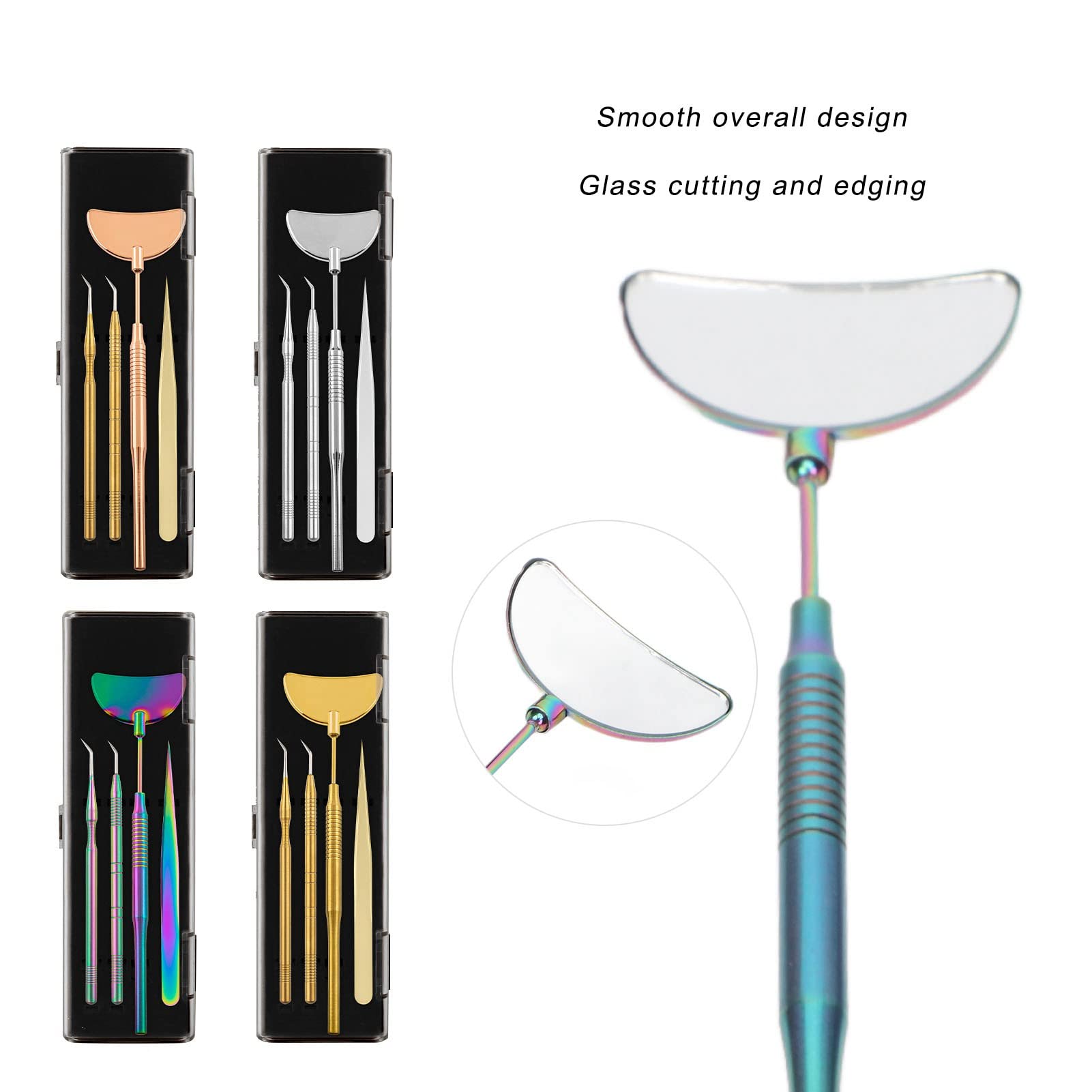 **4PCS Rose Gold Eyelash Extension Mirror & Tweezers Set - Stainless Steel Non-Slip Beauty Salon Tools for Professional Lash Artists & DIY Home Use**