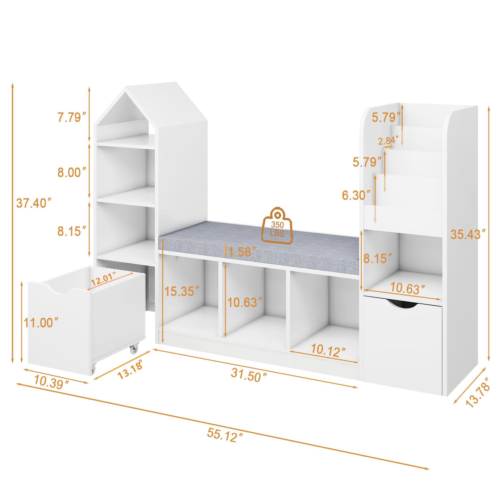 Multifunctional Kids Bookcase with Reading Nook - 7 Storage Cubbies & 2 Movable Drawers - Toy Organizer with Seat Cushion for Children's Bedroom & Playroom - Perfect for Storytime, Reading Corner & Toy Storage