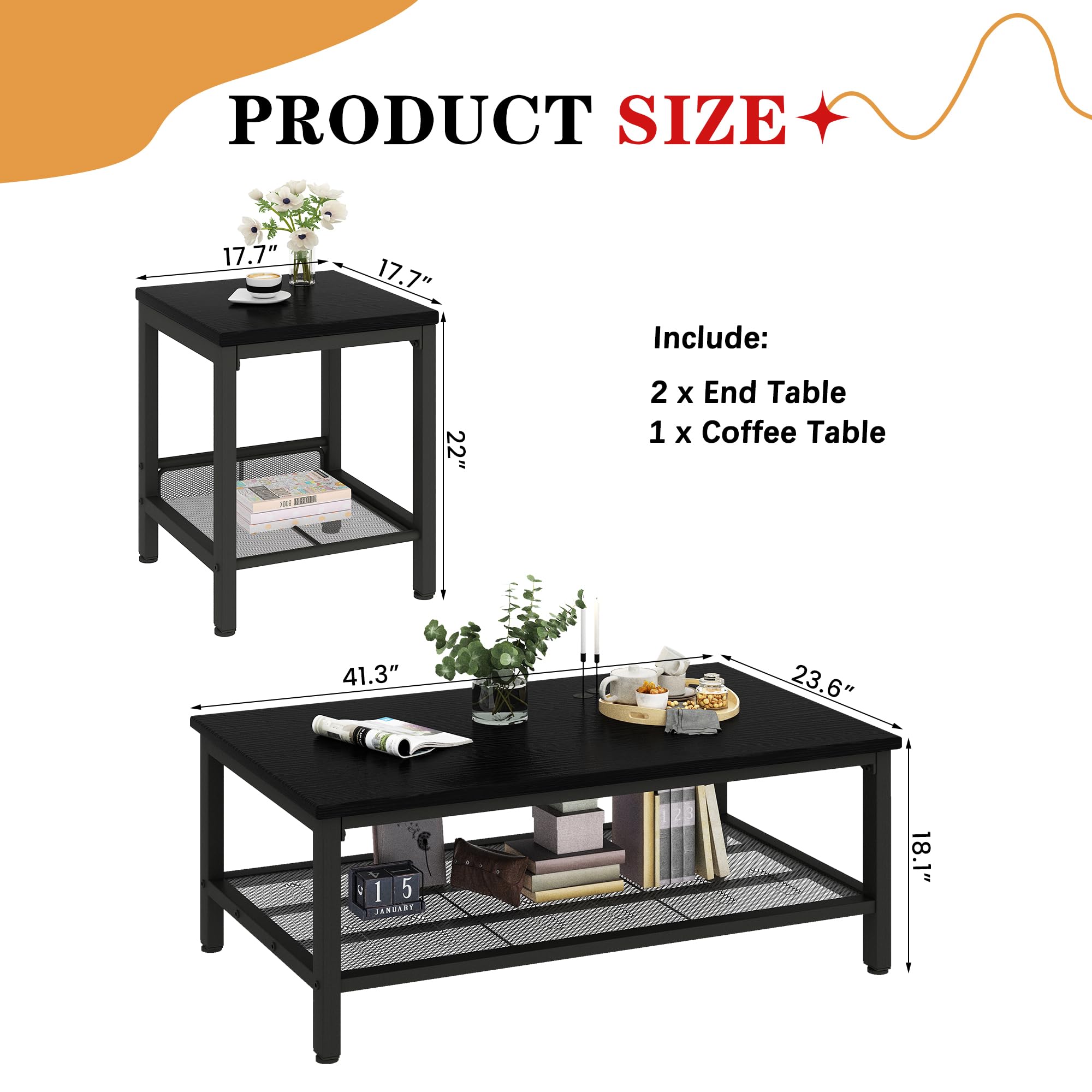 AWQM 3-Piece Industrial Coffee Table Set with 2 Square End Tables - Modern Metal Frame Living Room Furniture for Apartment, Home Office - Black | Perfect for Small Spaces, Entertaining Guests & Stylish Home Decor