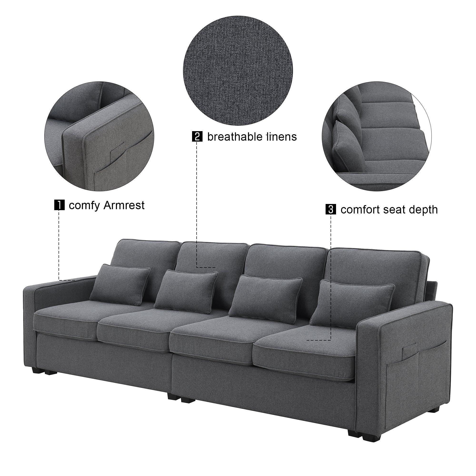Modern 4-Seater Linen Fabric Sofa with Armrest Storage Pockets & 4 Throw Pillows - Minimalist Living Room Couch for Small Spaces, Apartments and Cozy Home Decor