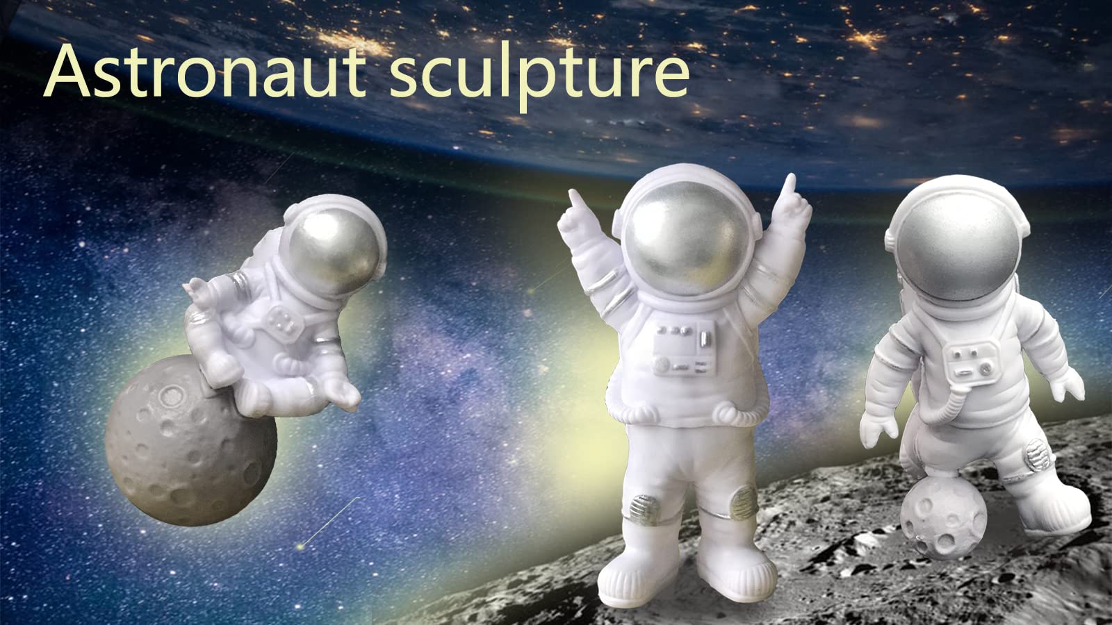 4 PCS Astronaut Figurines - Silver Spaceman Cake Toppers, Resin Astronaut Decorations for Outer Space Themed Birthday Parties, Kids Room Decor & Desktop Ornaments - Includes 3 Astronaut Figures & 1 Keychain - Perfect for Space-Themed Cakes, Cupcakes, Gift Giving & Sci-Fi Decor