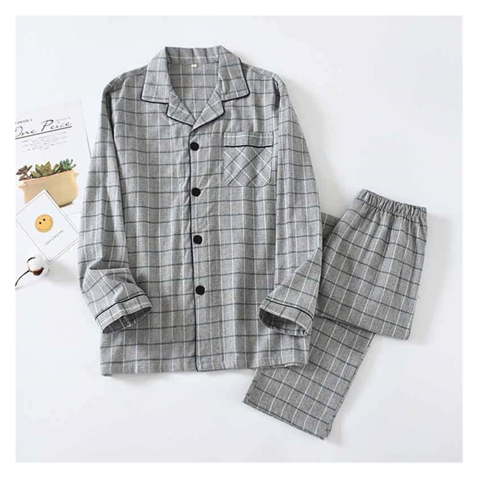 GRETD Men's Plaid Cotton Pajama Set - Soft Long Sleeve Sleepwear for Men, Plus Size XL - Cozy Loungewear for Relaxing at Home & Winter Nights (Color A)