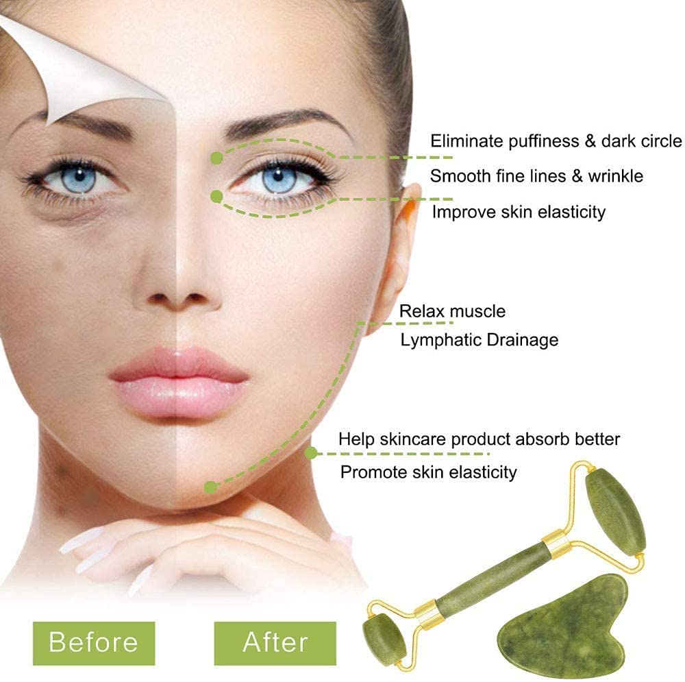 Jade Roller & Gua Sha Scraper Set - Natural Jade Facial Massage Tool for Anti-Aging, Puffiness Relief & Skin Tightening - Includes Face, Neck & Eye Massager - Perfect for Skincare Routine & Relaxation Therapy