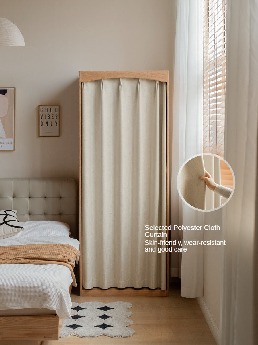 Oak Solid Wood Wardrobe with Curtain Design - Elegant Closet Storage for Bedroom, Living Room & Dorm Organization