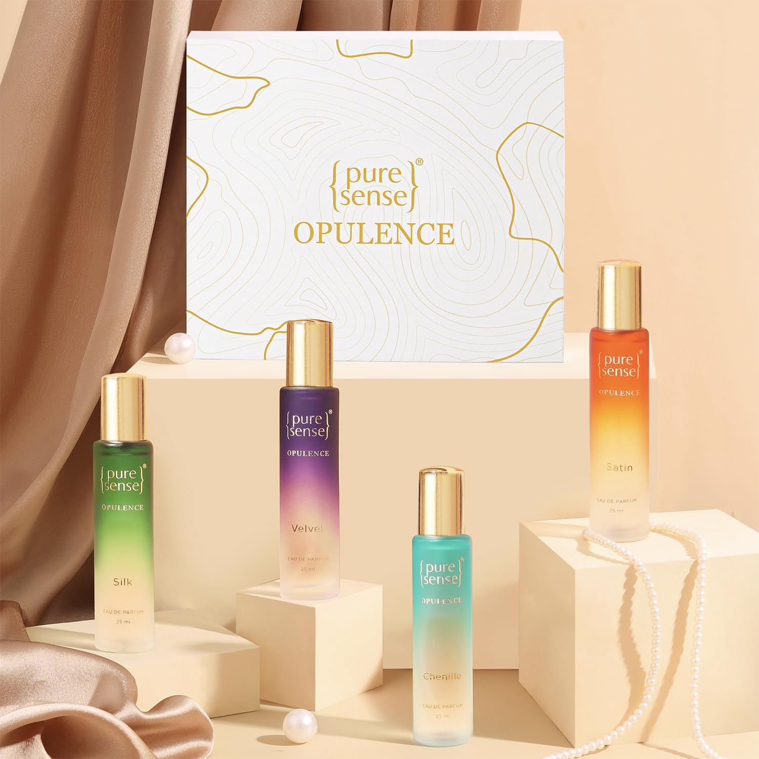 PureSense Opulence Perfume Gift Set - 4 Luxury Travel Scents (Silk, Velvet, Satin, Chenille) | Long Lasting Fragrance for Men & Women | Perfect Birthday Gift & Travel Companion | 25ml x 4 Bottles