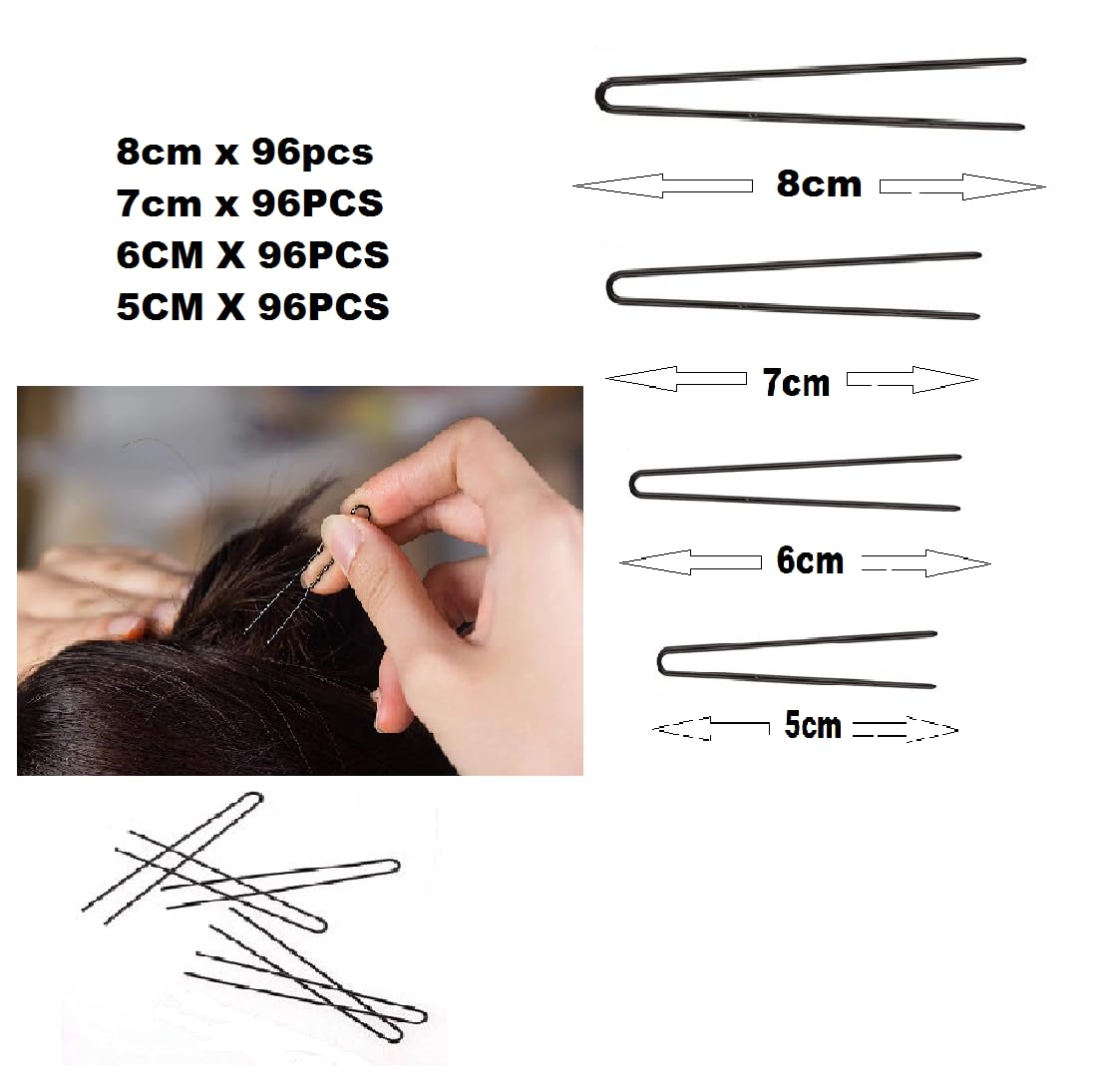 Nyamah U-Shaped Hair Pins for Women & Kids - 8cm, 7cm, 6cm, 5cm (96pc Each) - Strong Hold Bobby Pins & Bun Pins for Hair Styling, Salon Use, Wedding, Prom & Everyday Hairstyles