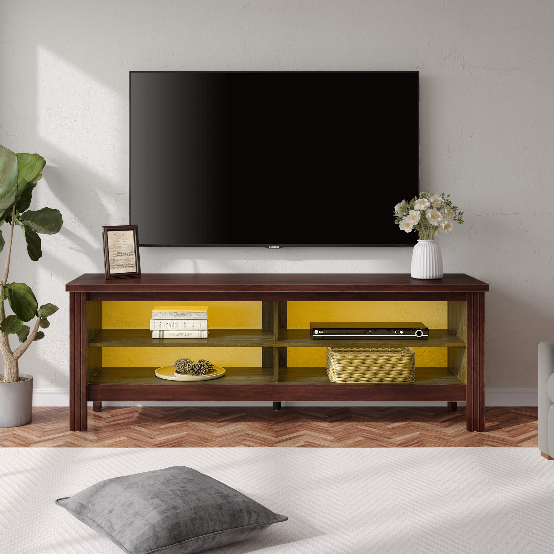 FITUEYES 65 Inch Gaming TV Stand with LED Lights - Modern Cherry Wood TV Media Console for 55-65 Inch TVs - 4 Storage Shelves Entertainment Center - Perfect for Living Room & Bedroom Gaming Setup - Fits 60 Inch Screens - Ideal for Home Theater & Console Gaming Systems