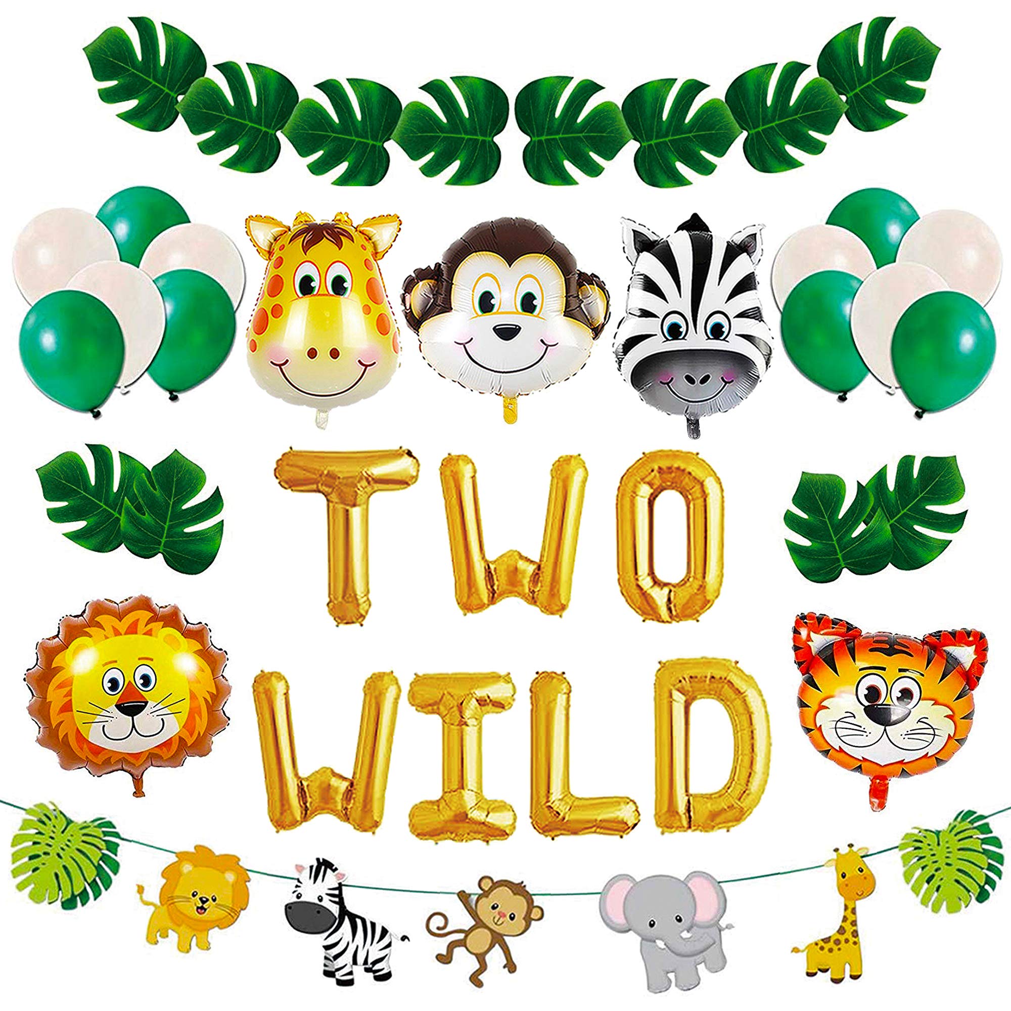 Two Wild Balloons Decorations - Animal Head Foil Balloons & Garland for Birthday Parties | 2nd Birthday Supplies for Baby Boy & Girl | Perfect for Jungle Theme, Safari Decor, and Wild One Birthday Celebrations