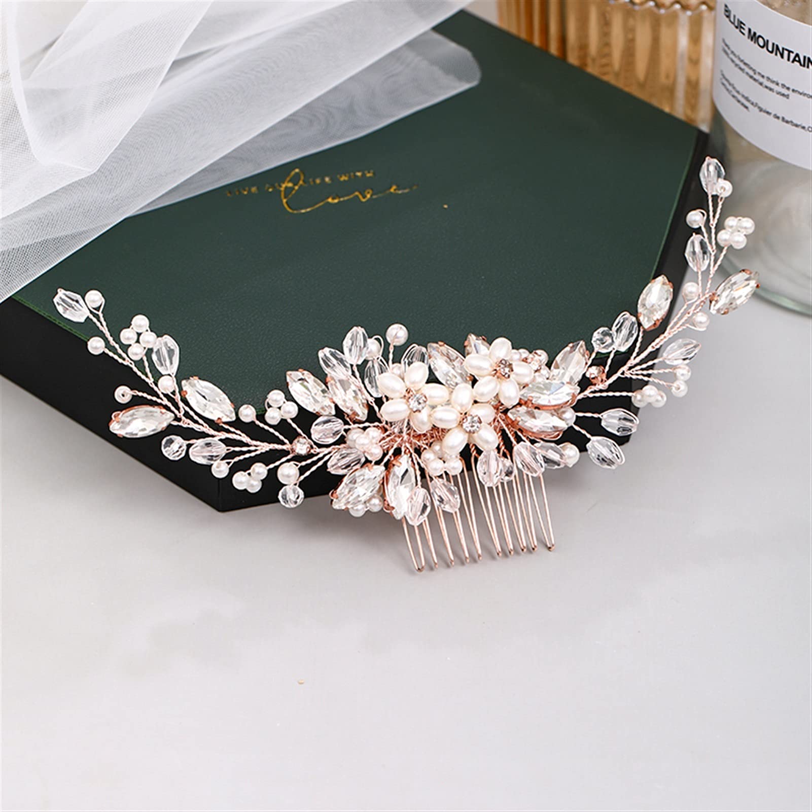 Elegant Rose Gold Wedding Hair Comb with Pearl & Rhinestone - Handmade Bridal Tiara Headdress for Bride, Prom, and Special Occasions | Perfect for Weddings, Parties, and Formal Events
