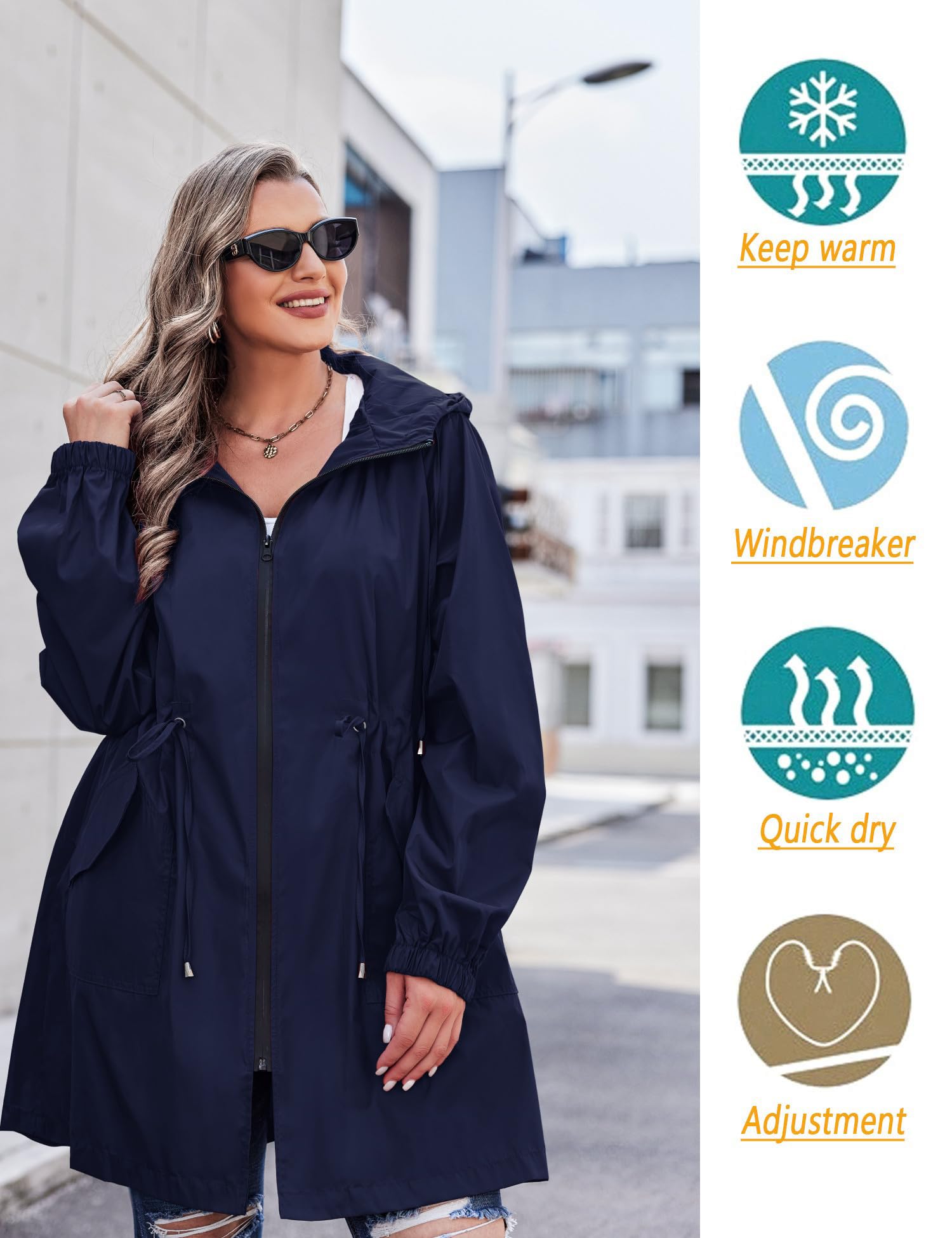 IN'VOLAND Women's Lightweight Waterproof Rain Jacket - Plus Size Long Hooded Windbreaker with Pockets | Outdoor Commuting, Hiking & Travel Raincoat