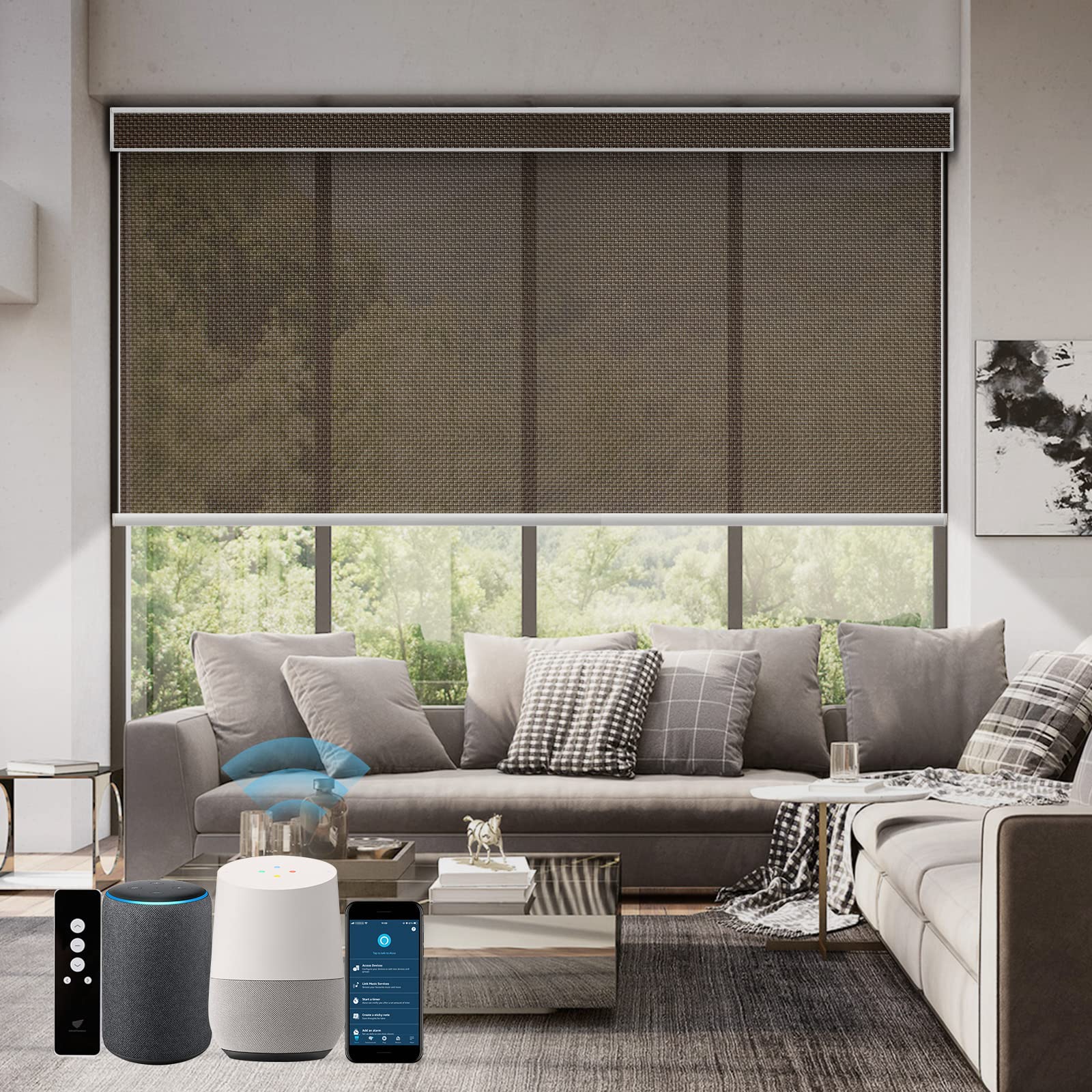 SmartWings Motorized Roller Shades 5% Openness - Smart Home Compatible (HomeKit, Alexa, Google, SmartThings) - Zigbee Motorized Window Blinds with Cordless Remote - Rechargeable & Customizable Chocolate Blackout Shades for Living Room & Bedroom