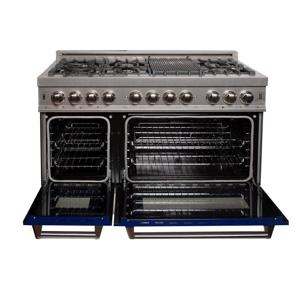 ZLINE 48-Inch 6.0 cu. ft. Dual Fuel Range with 7-Burner Gas Cooktop & 2 Electric Ovens - Satin Stainless Steel & Blue Gloss Doors (RAS BG 48) - Perfect for Modern Kitchens & Professional Cooking