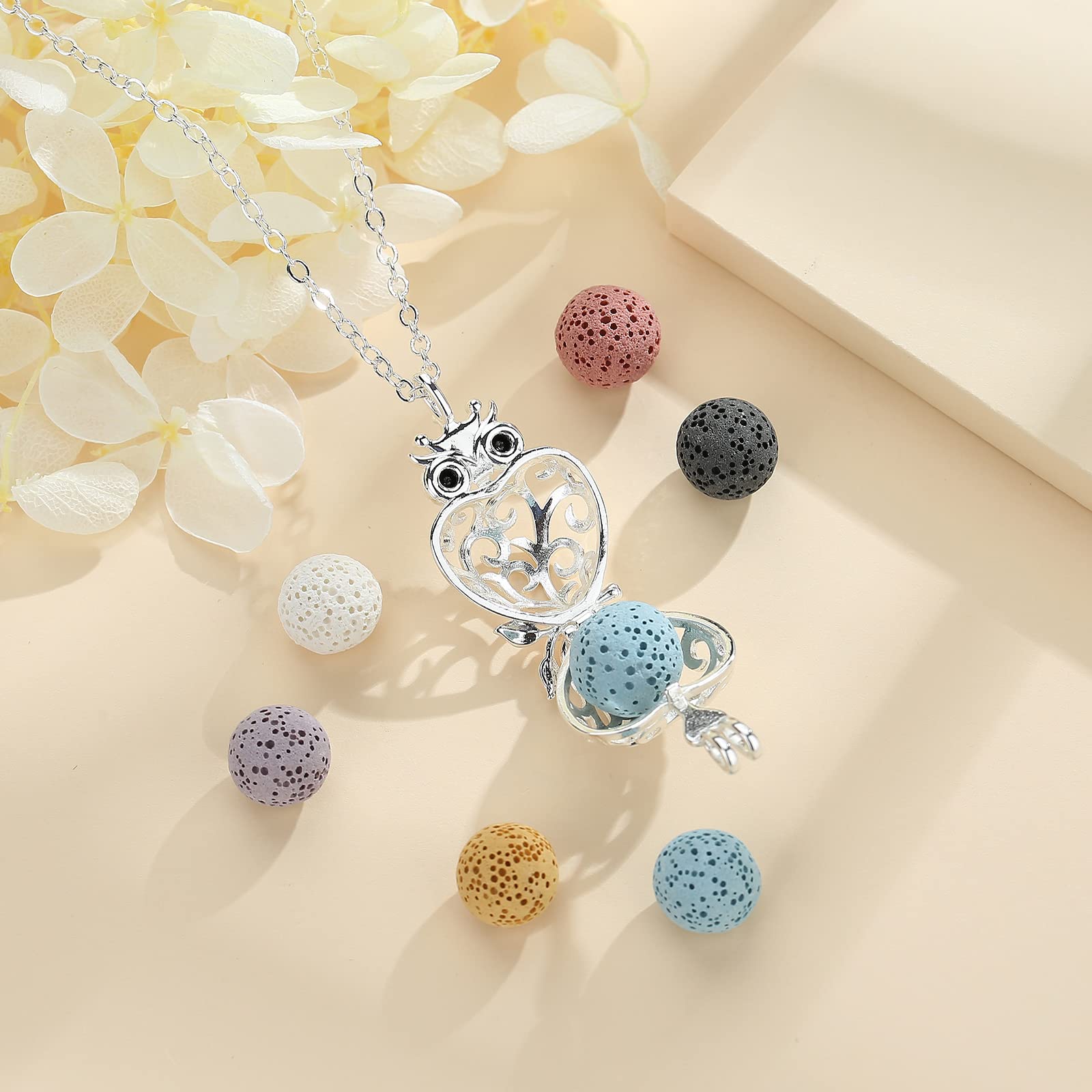 INFUSEU Aromatherapy Essential Oil Diffuser Necklace for Women - Cute Animal Pendant with 7 Lava Stones & 24