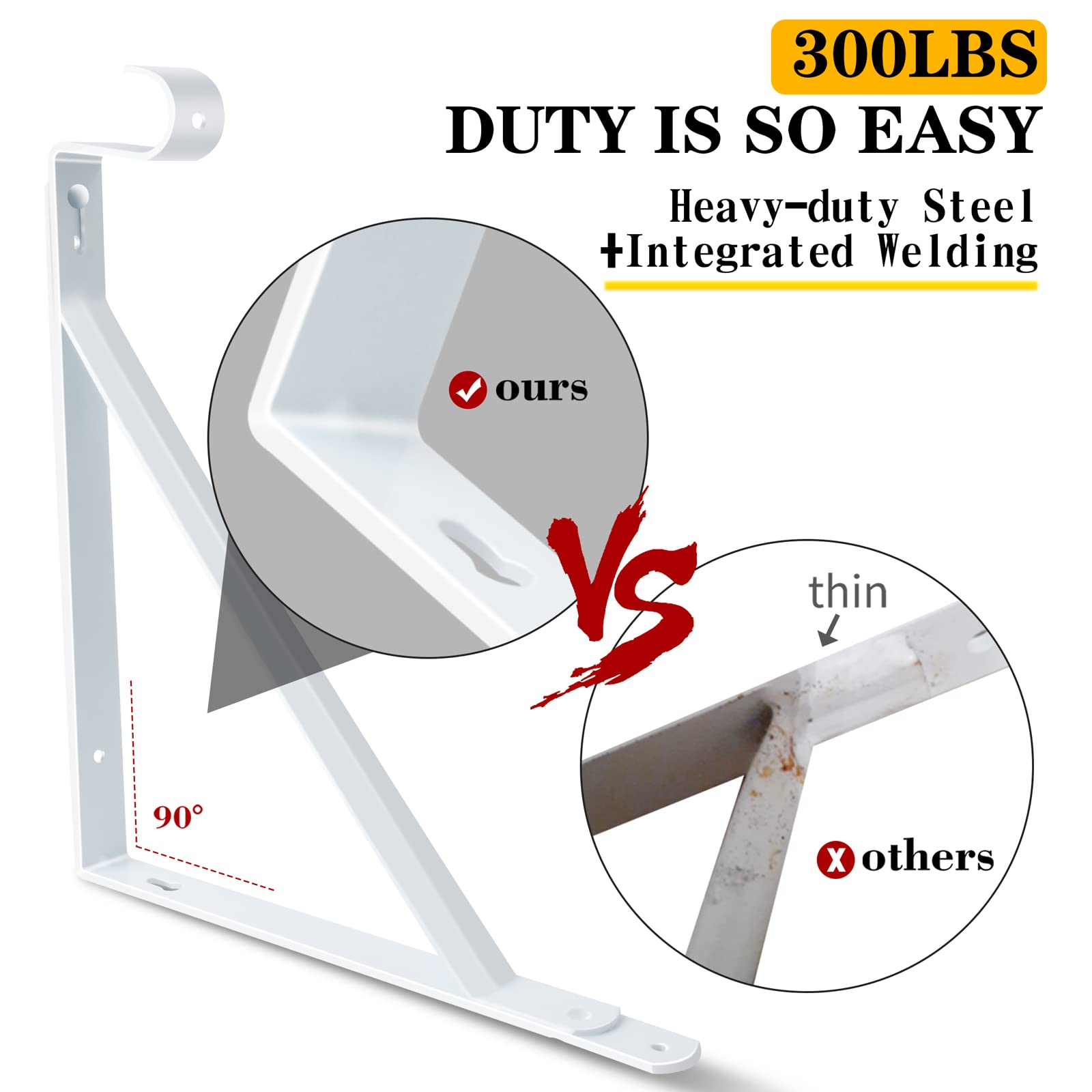 Heavy Duty Closet Rod Bracket Set - 2 Pack White Wall Mounted Shelf Bracket with Clothes Hanger Pole Support (10.9x10.2 Inch) for Wardrobe Organization & Closet Storage Solutions