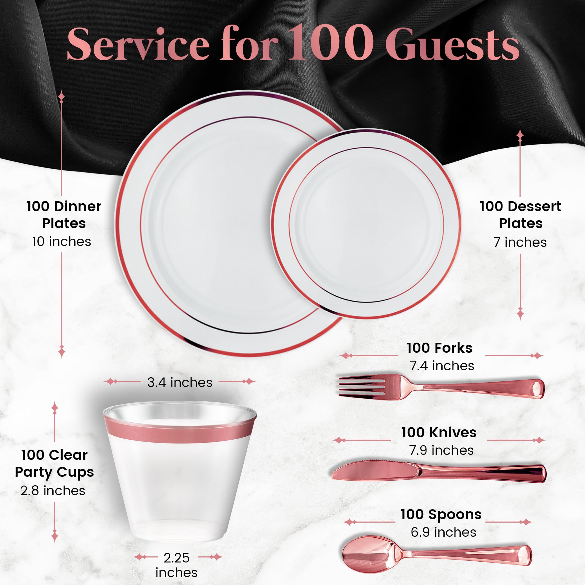 600-Piece Rose Gold Disposable Dinnerware Set - 200 White & Rose Gold Plastic Plates, 300 Rose Gold Plastic Cutlery, 100 Plastic Cups - Elegant Party Supplies for Weddings, Bridal Showers & Events (Serves 100 Guests)