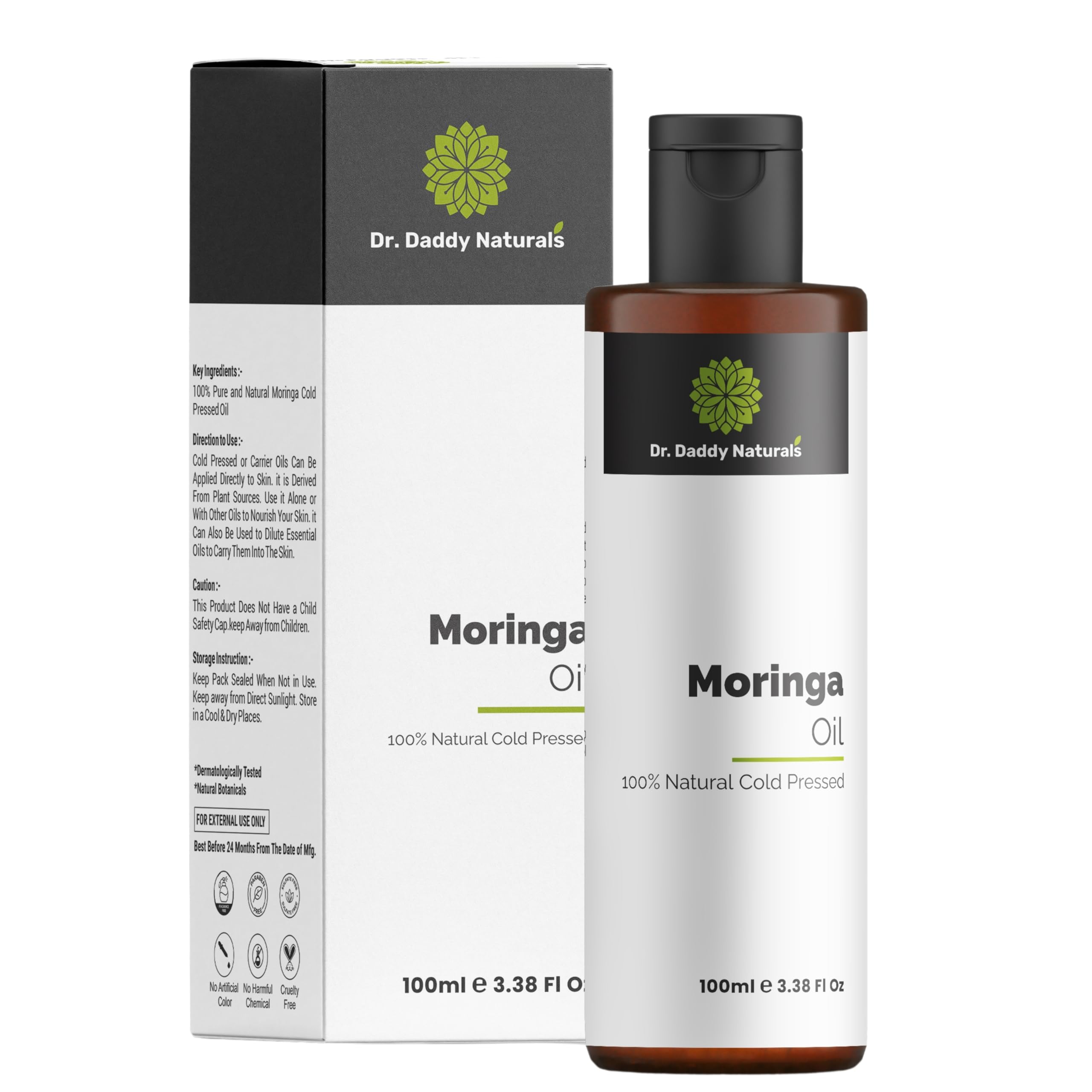100% Cold Pressed Moringa Oil for Hair & Skin | Dr. Daddy Naturals Pure Moringa Oleifera (Behen Oil) | Deep Moisturizing & Hydrating Treatment for Shiny, Smooth Hair & Glowing Skin | 100ml | Perfect for Daily Hair Care & Facial Hydration Routine