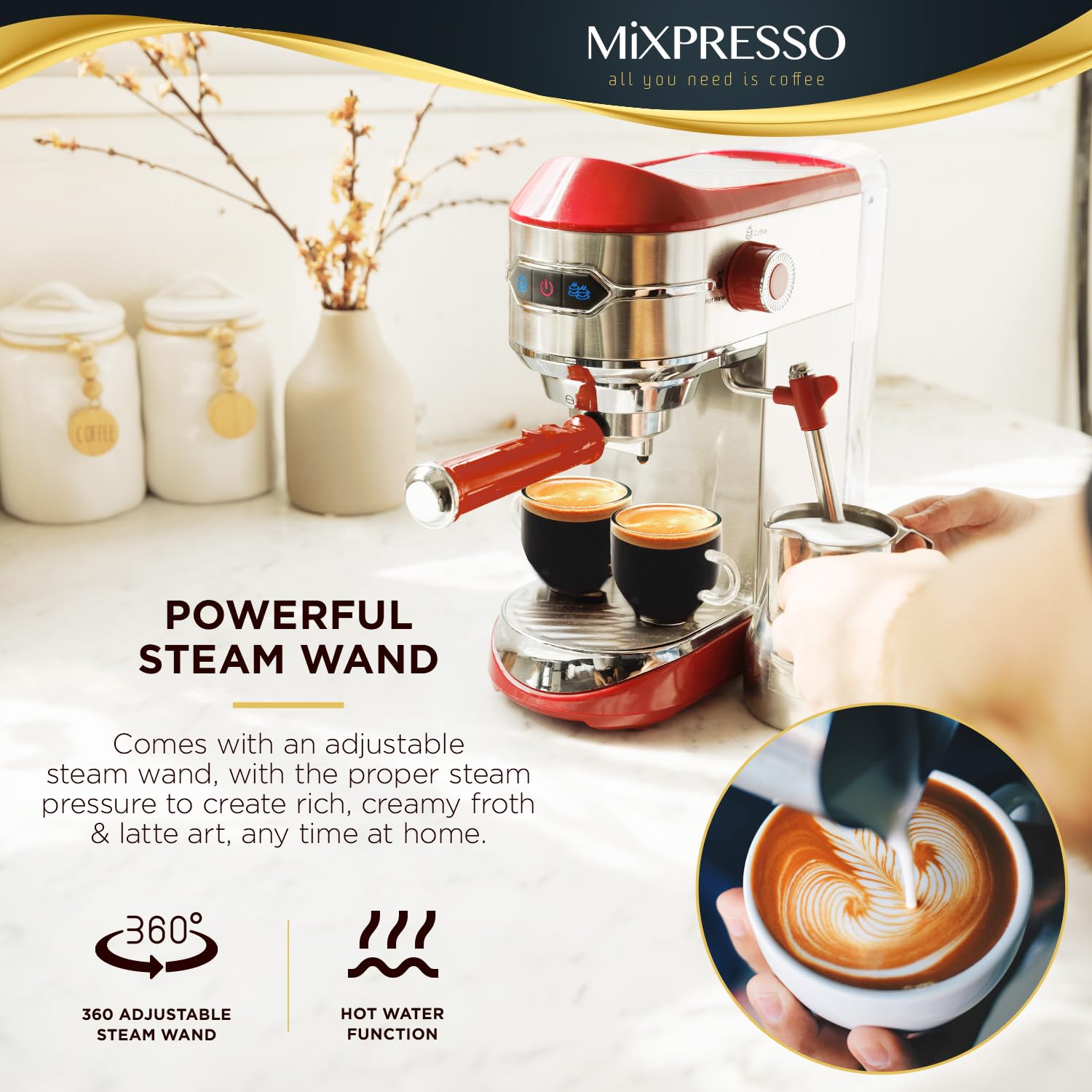 Mixpresso 15 Bar Professional Espresso Machine with Milk Frother - Fast Heating 1450W, 37Oz Water Tank, Double Cup Splitter - Perfect for Home Baristas to Make Espresso, Cappuccino & Latte (Ideal for Morning Coffee, Entertaining Guests & Coffee Shops)