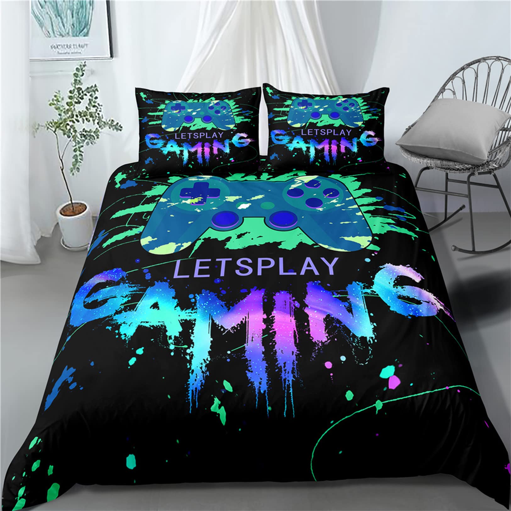 Red and Black Gaming Comforter Set for Boys & Teens - Full Size 3-Piece Quilted Duvet with 2 Pillowcases | Video Game Themed Bedding for Kids Room Decor | Perfect for Gaming Rooms, Sleepovers & Teen Bedrooms