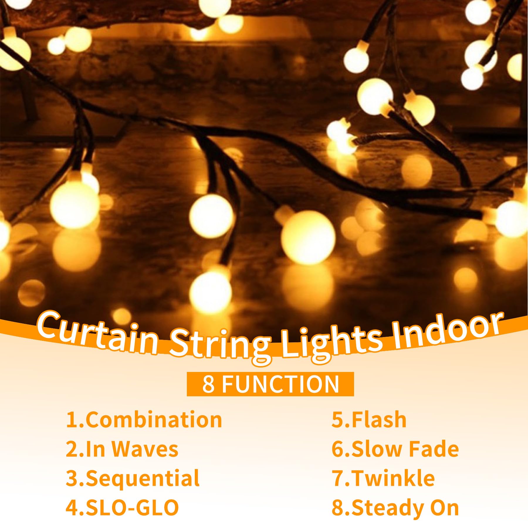 8.3ft 72 LED Globe String Lights - 8 Lighting Modes, Indoor/Outdoor Plug-in Curtain Lights for Patio, Garden, Wedding, Party & Christmas Decor (Warm White) | Perfect for Bedroom, Living Room, Bookshelf & Holiday Lighting