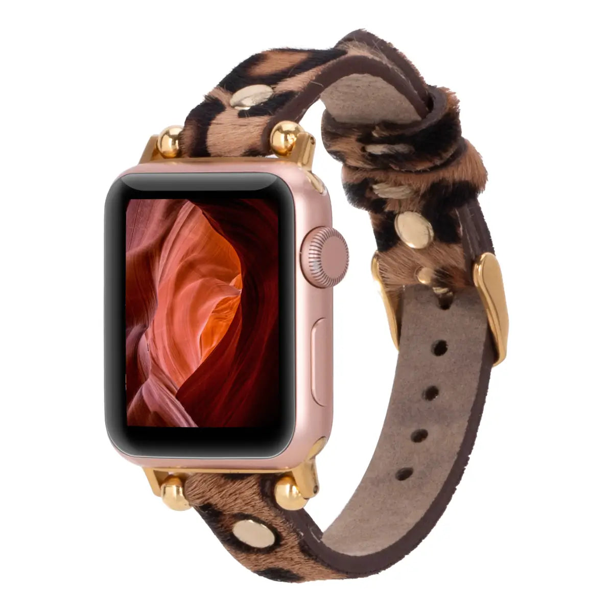Furry Leopard Print Genuine Leather Ultra Slim Apple Watch Band with Gold Rivets - Stylish & Comfortable for Workouts, Office & Everyday Wear